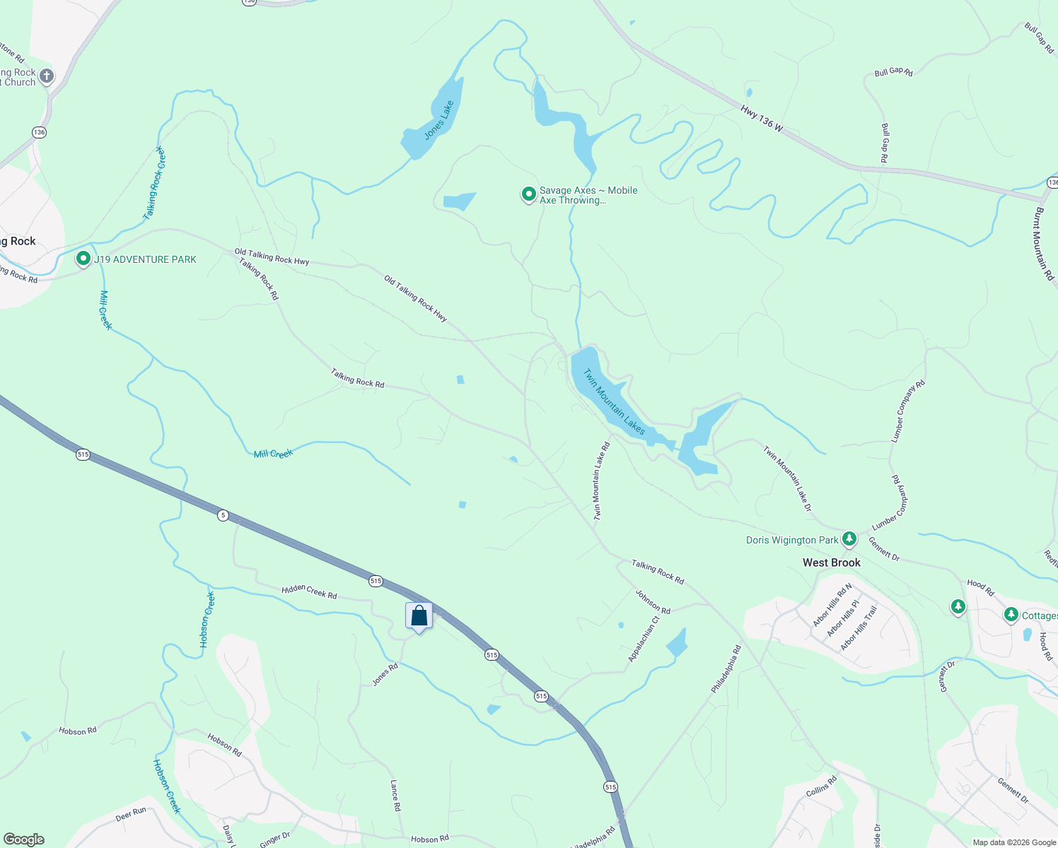 map of restaurants, bars, coffee shops, grocery stores, and more near Talking Rock Falls North East in Pickens County
