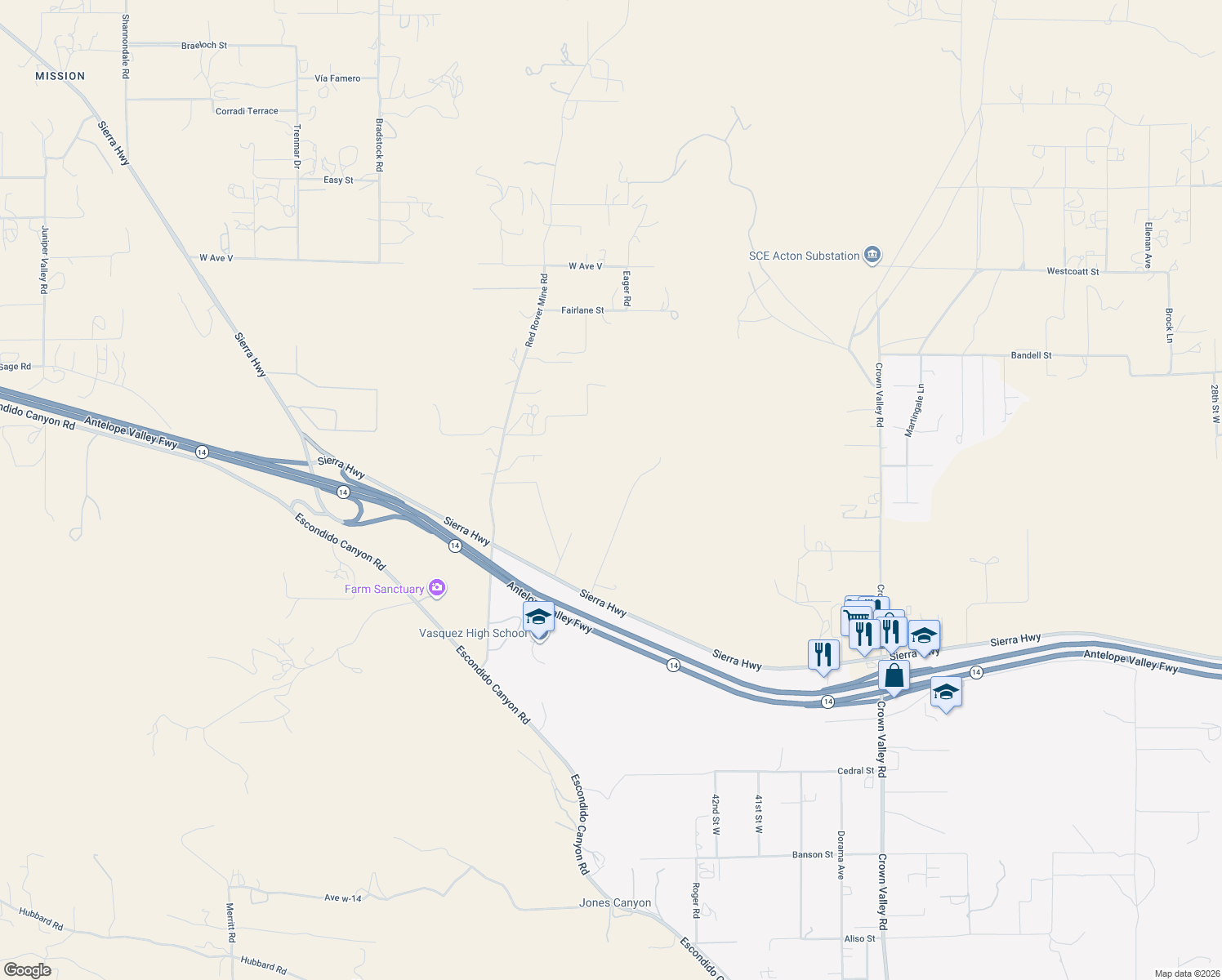 map of restaurants, bars, coffee shops, grocery stores, and more near 33947 Hypotenuse Road in Acton