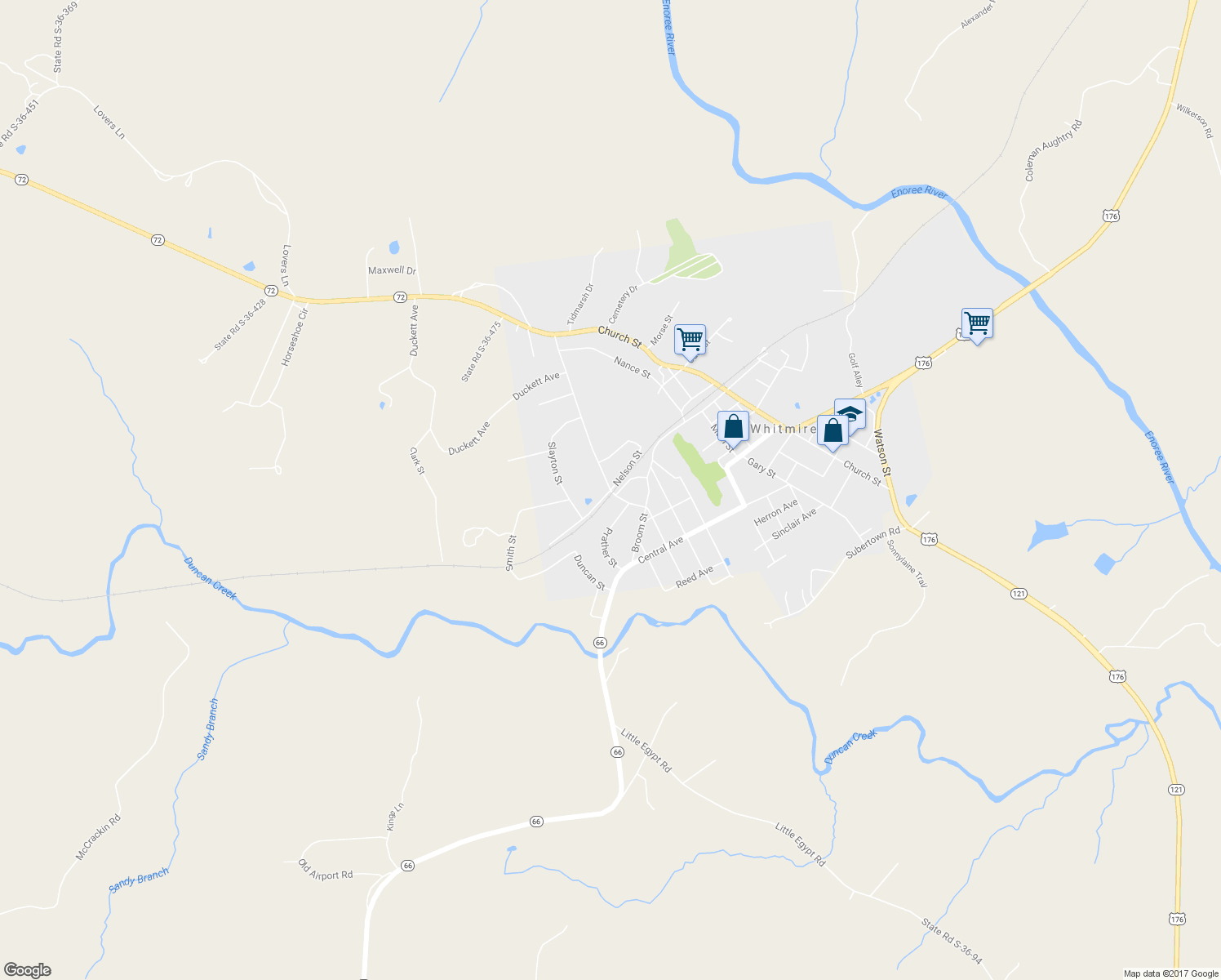 map of restaurants, bars, coffee shops, grocery stores, and more near 543 Leaman Avenue in Whitmire