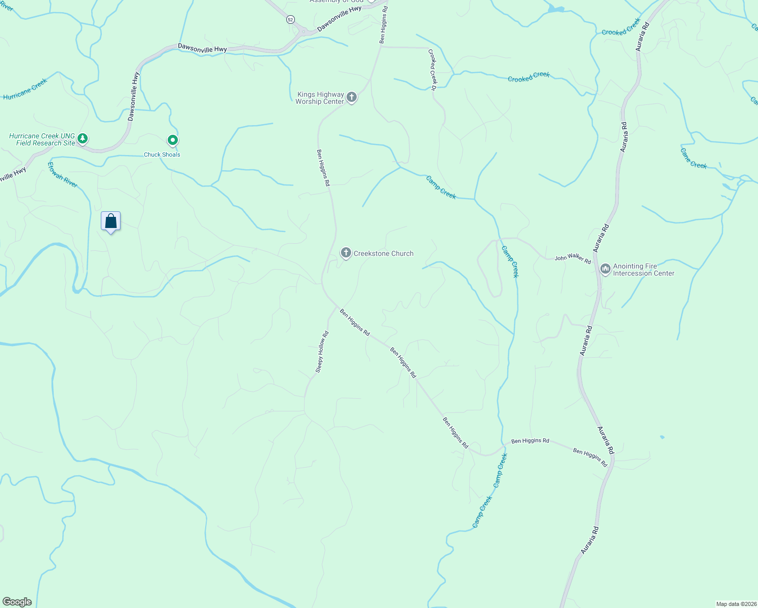 map of restaurants, bars, coffee shops, grocery stores, and more near 261 Ridgeway Road in Dahlonega