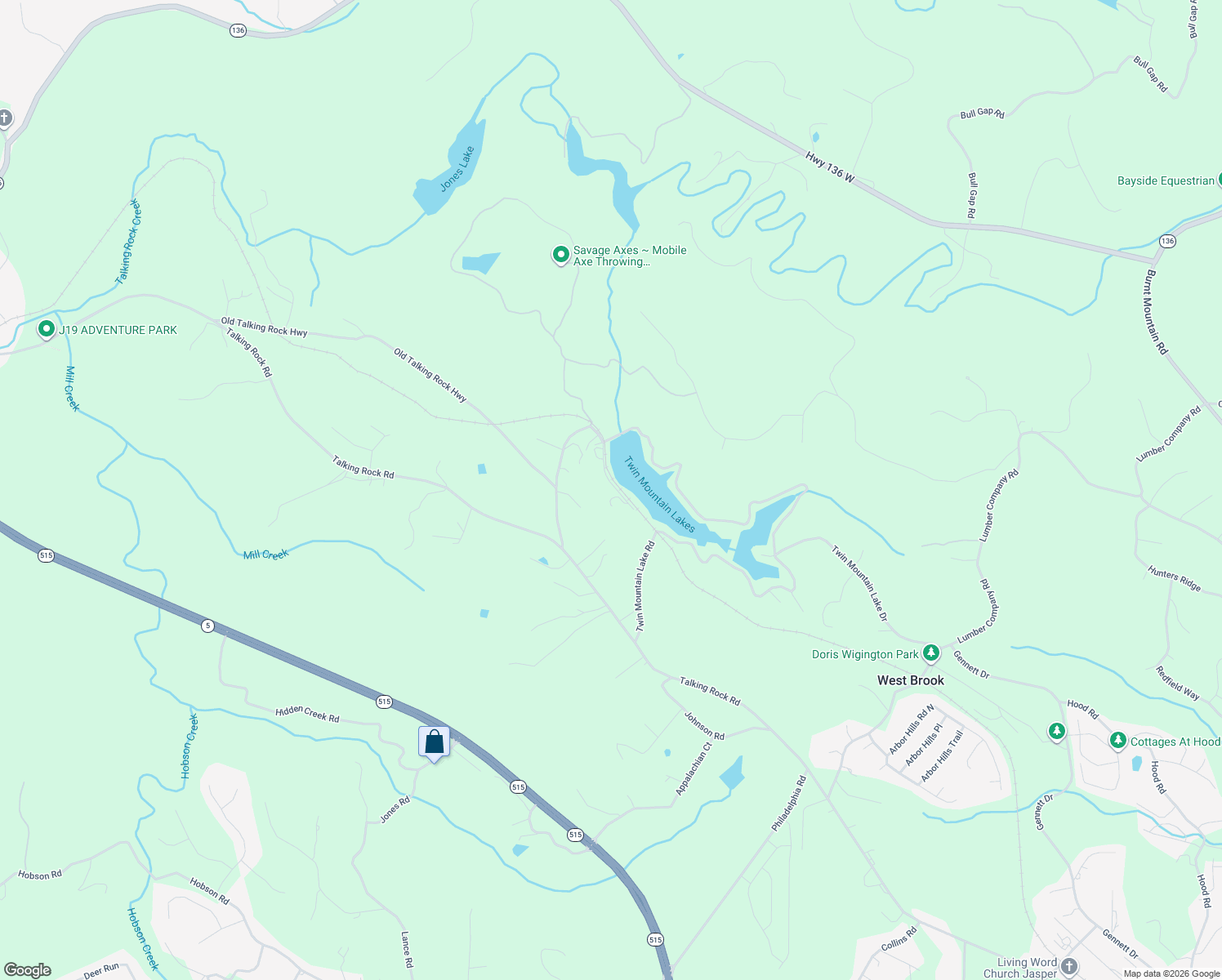 map of restaurants, bars, coffee shops, grocery stores, and more near 130 Kudzu Trail North in Talking Rock