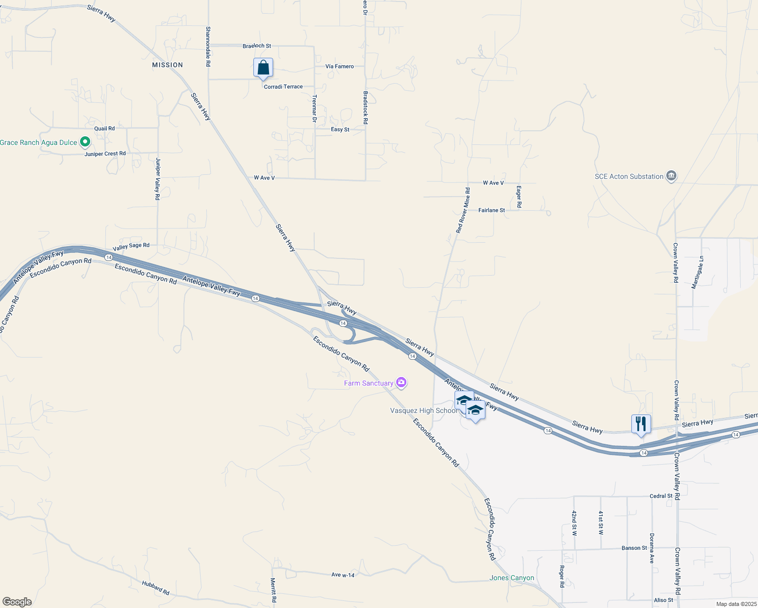 map of restaurants, bars, coffee shops, grocery stores, and more near 2 Sierra Highway in Palmdale