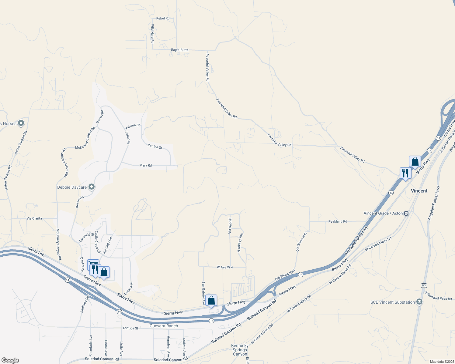 map of restaurants, bars, coffee shops, grocery stores, and more near 1 Sierra Highway in Acton