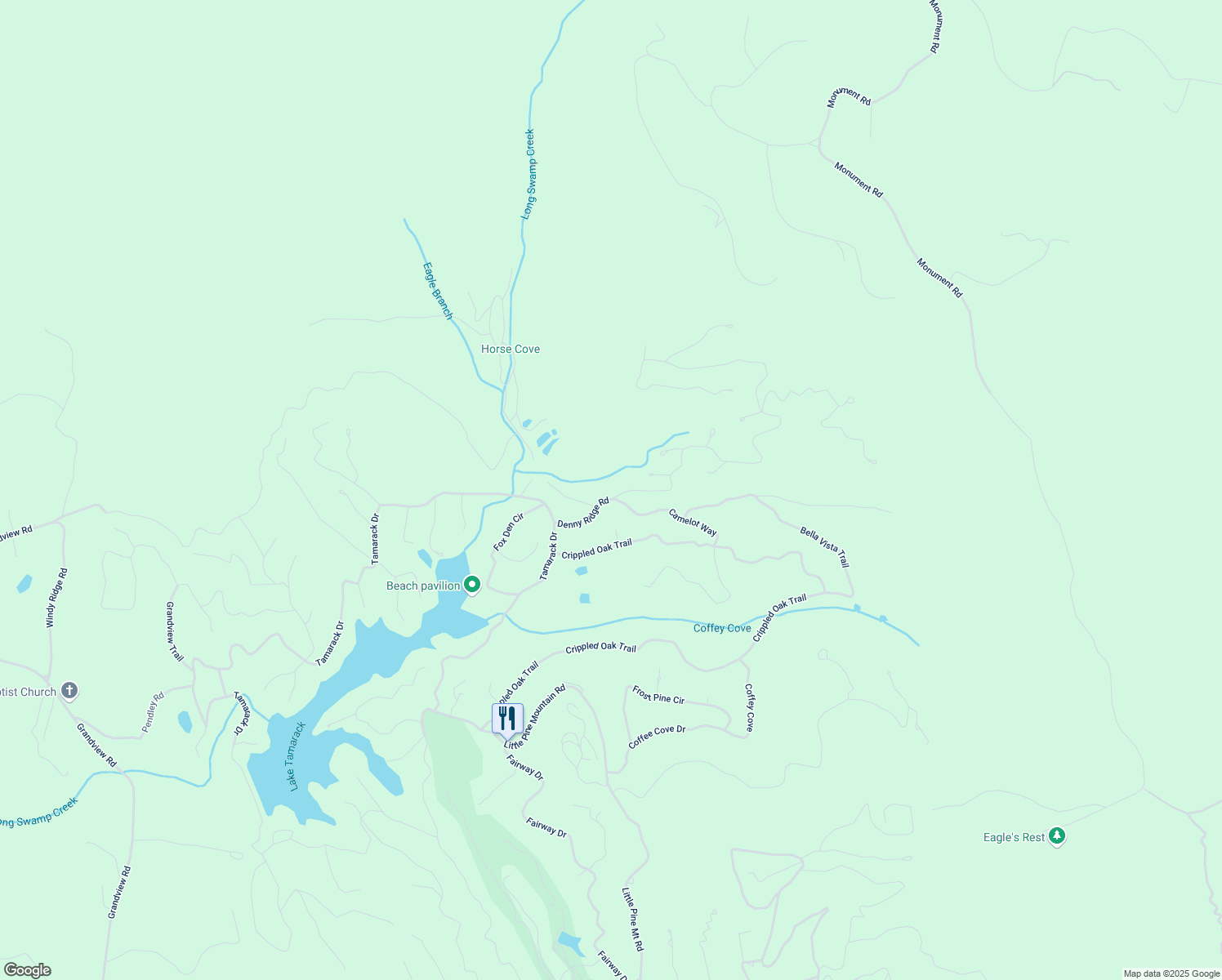 map of restaurants, bars, coffee shops, grocery stores, and more near 223 Denny Ridge Road in Jasper