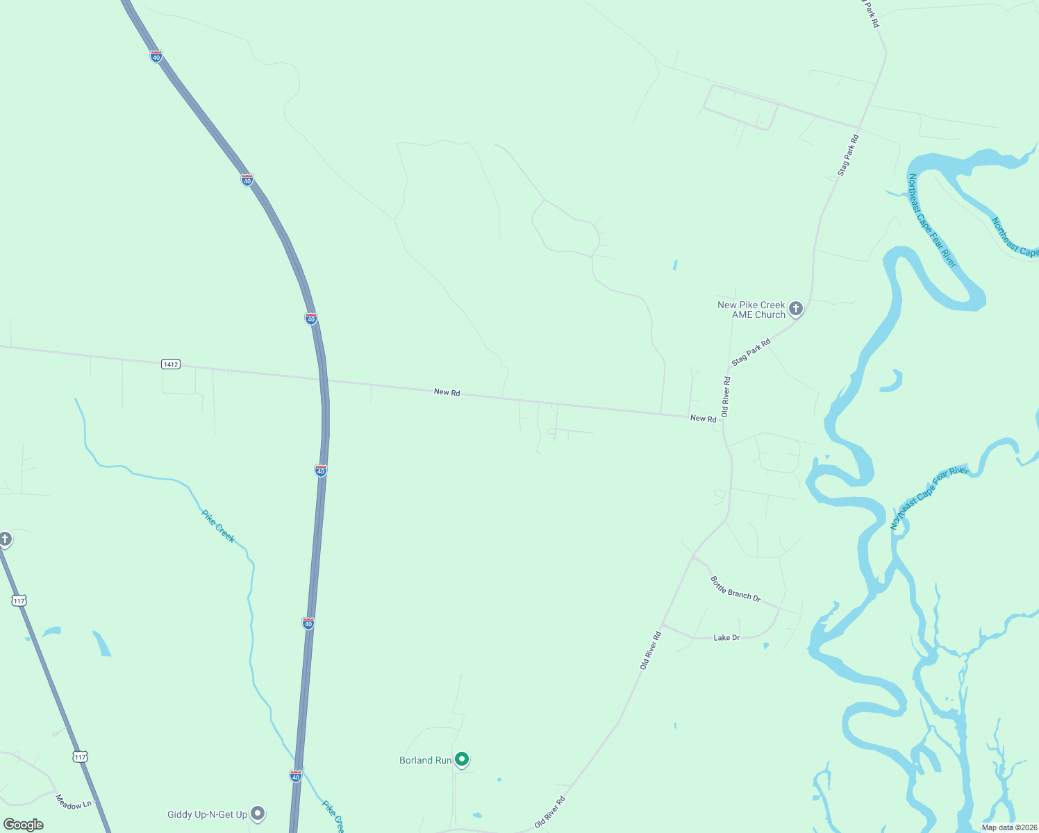 map of restaurants, bars, coffee shops, grocery stores, and more near 1 New East Road in Burgaw