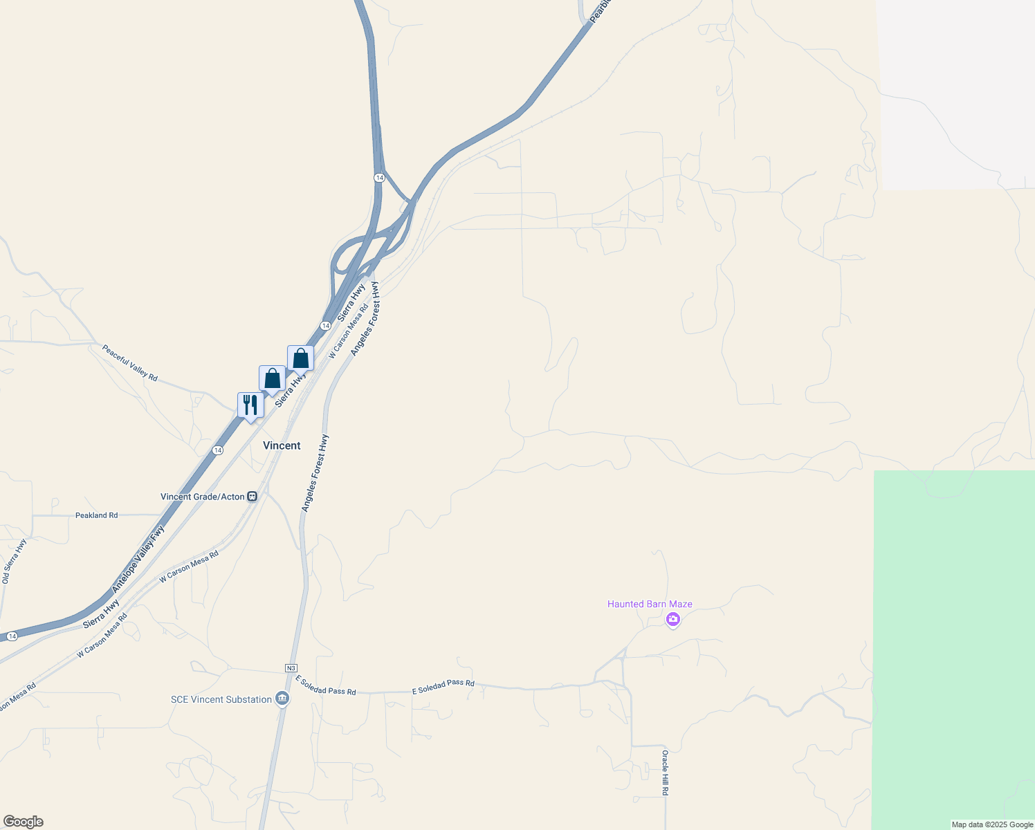 map of restaurants, bars, coffee shops, grocery stores, and more near 2 West Carson Mesa Road in Palmdale