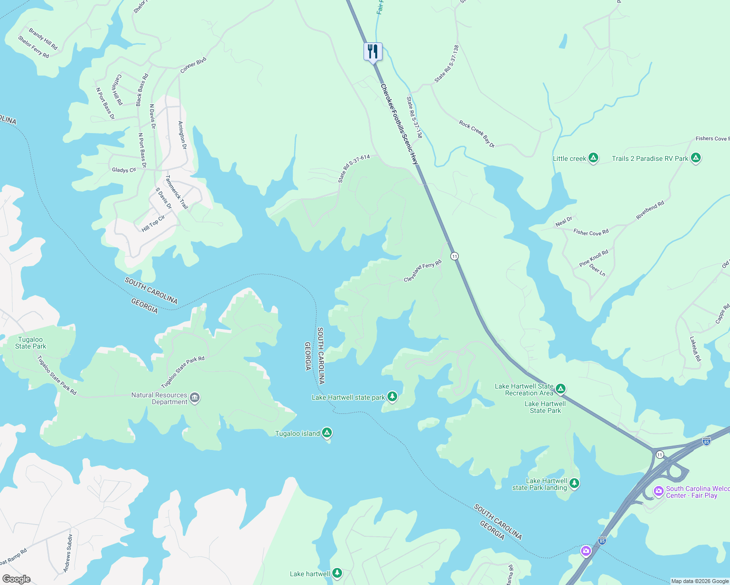 map of restaurants, bars, coffee shops, grocery stores, and more near 401 Cleveland Ferry Road in Fair Play