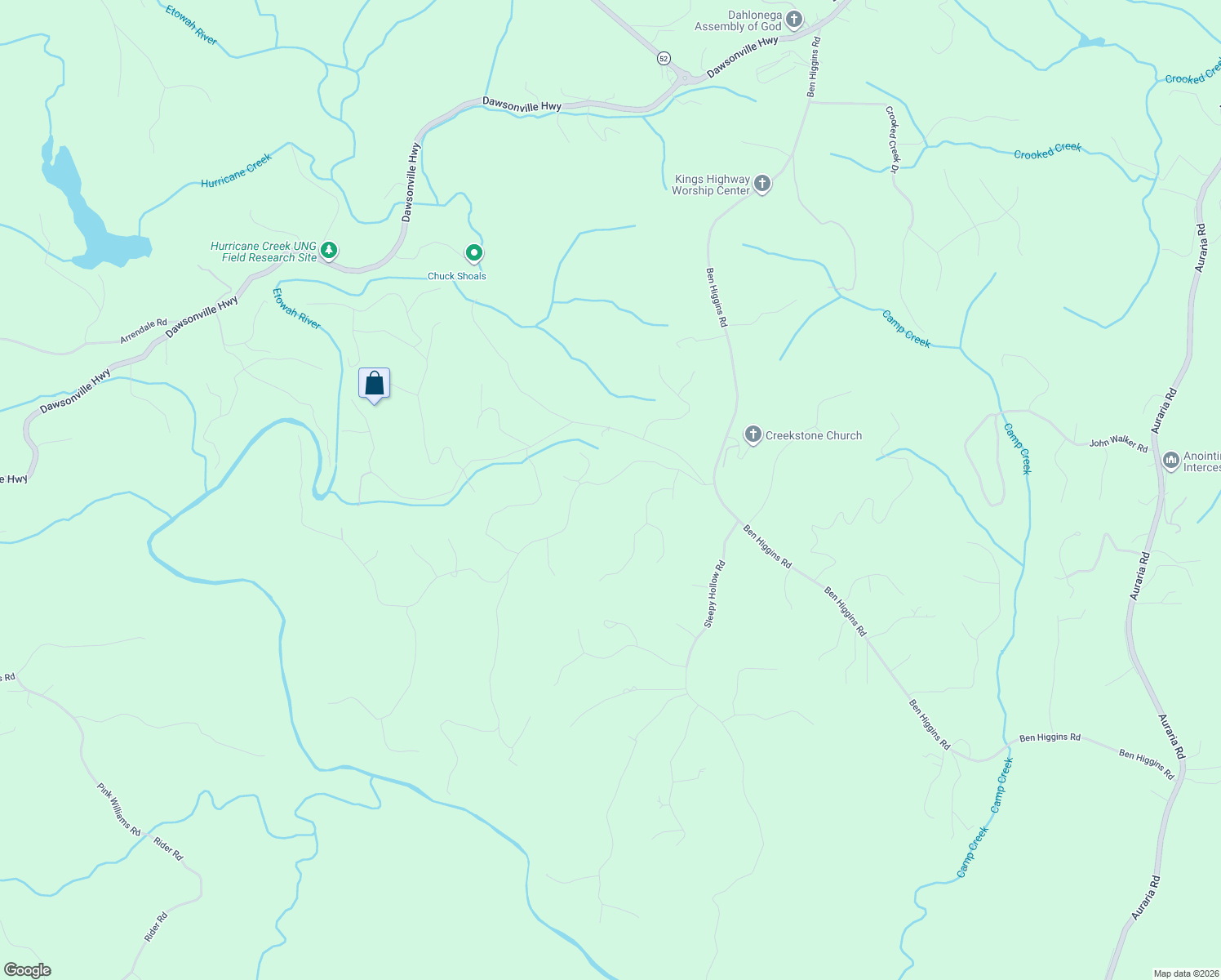 map of restaurants, bars, coffee shops, grocery stores, and more near 325 River Flow Drive in Dahlonega