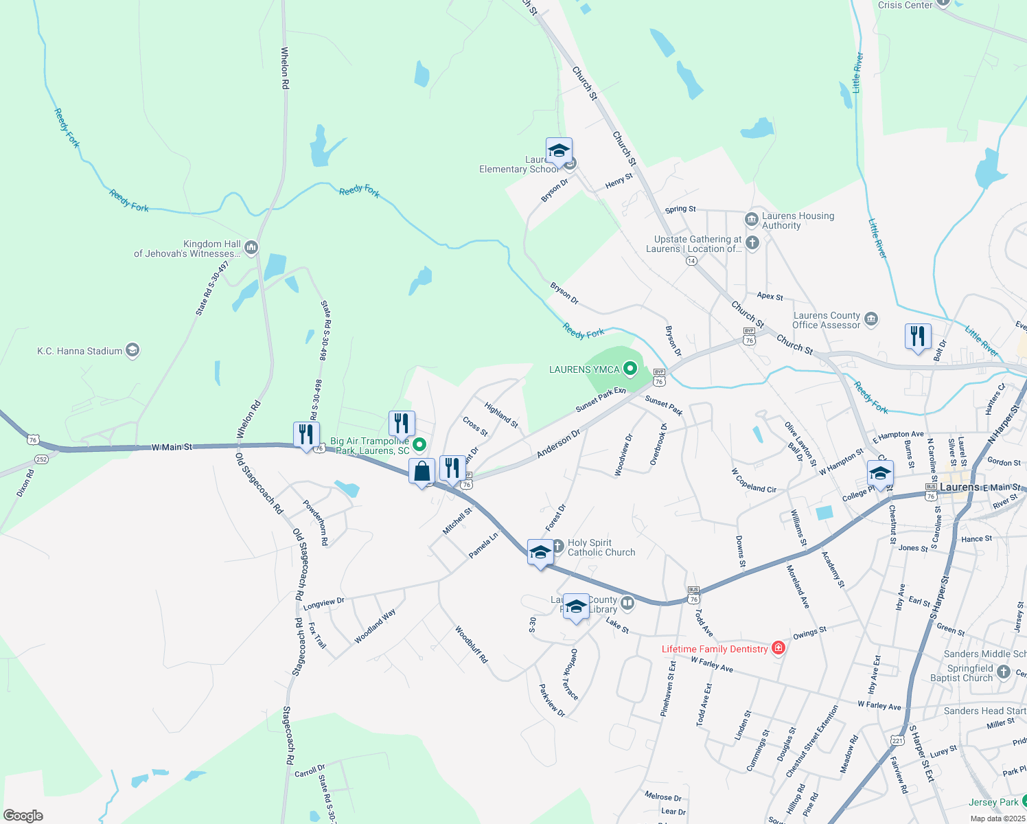 map of restaurants, bars, coffee shops, grocery stores, and more near 103 Hummingbird Lane in Laurens