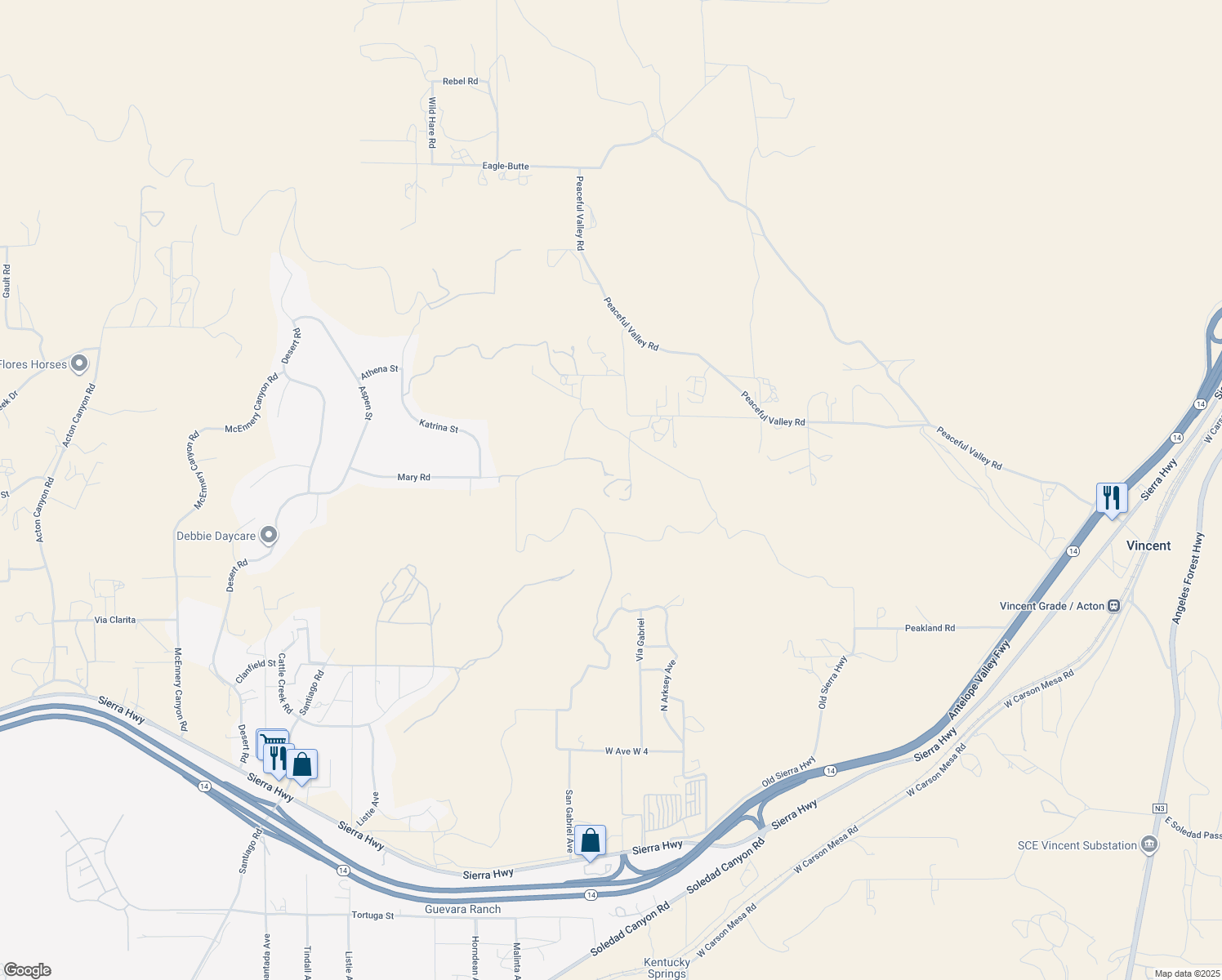 map of restaurants, bars, coffee shops, grocery stores, and more near 34215 Simla Street in Acton