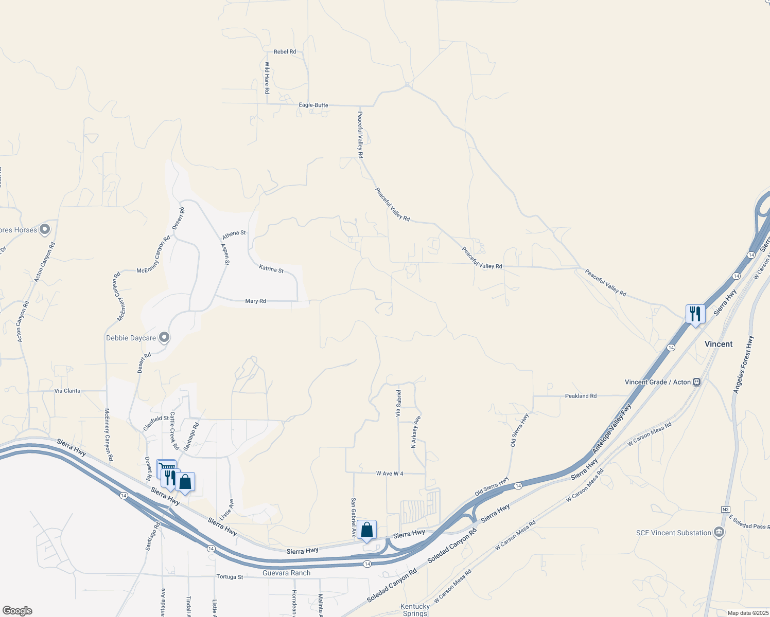 map of restaurants, bars, coffee shops, grocery stores, and more near 34215 Simla Street in Acton