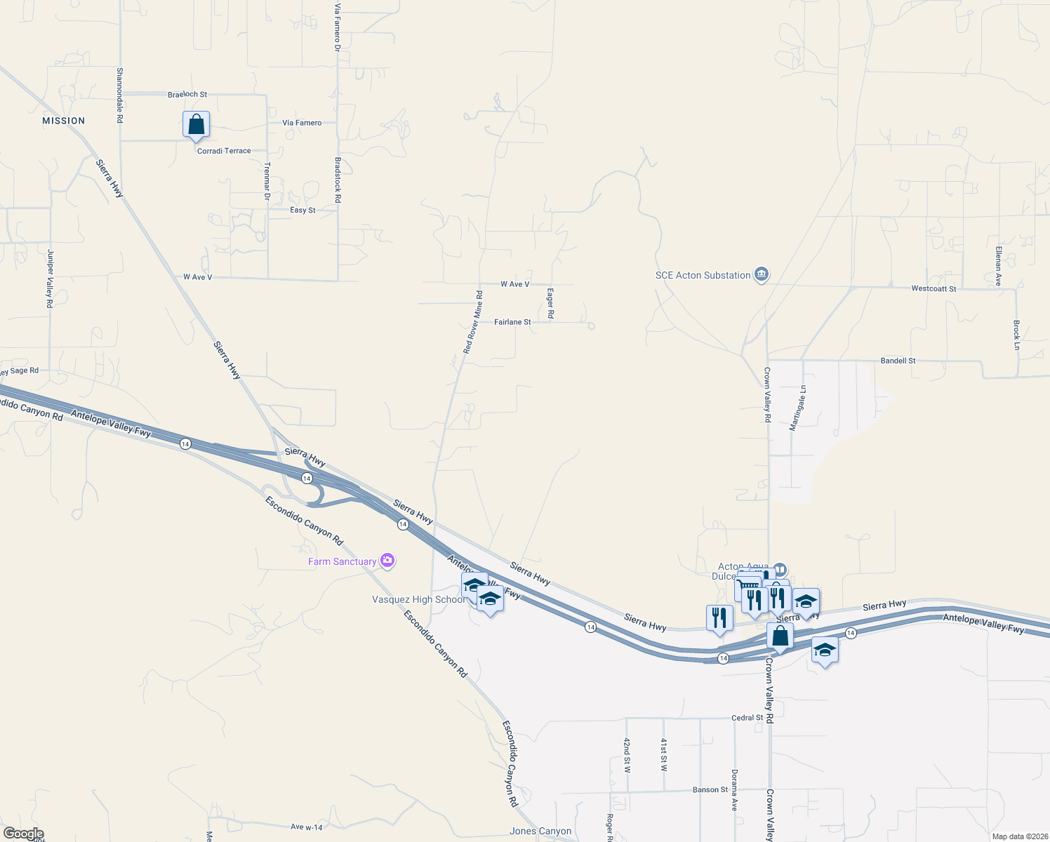 map of restaurants, bars, coffee shops, grocery stores, and more near 34340 Red Rover Mine Road in Acton