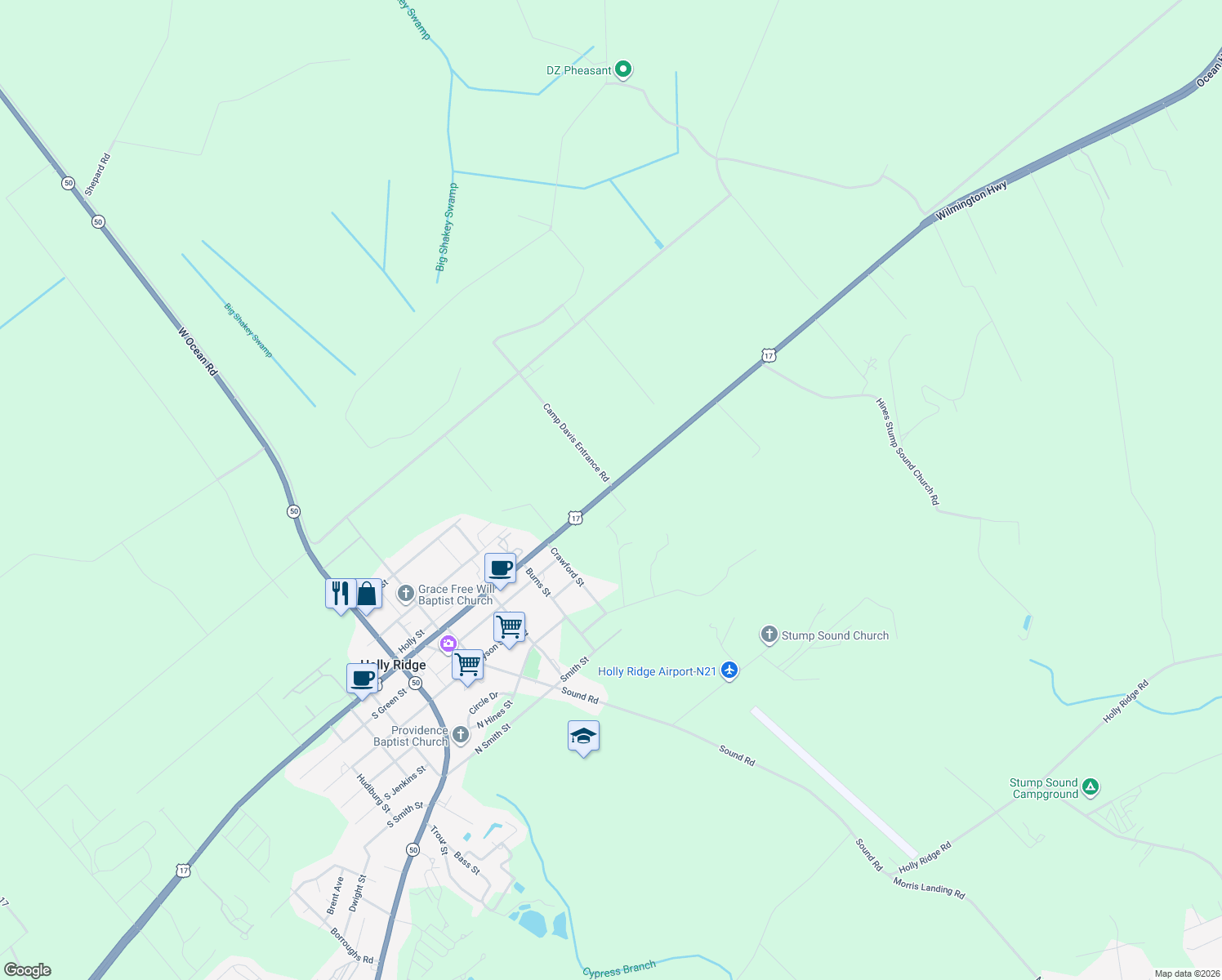 map of restaurants, bars, coffee shops, grocery stores, and more near 698 Wilmington Highway in Holly Ridge