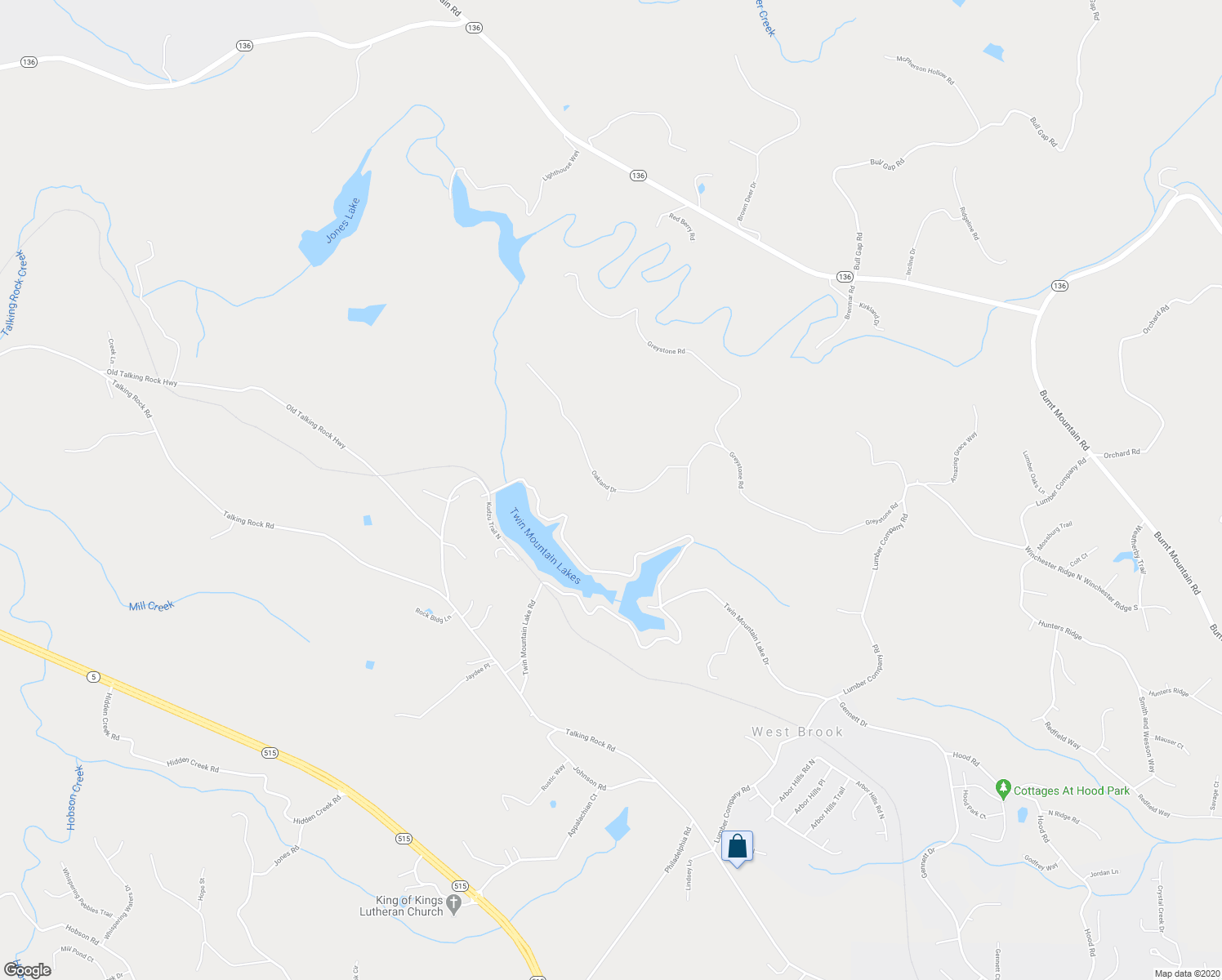 map of restaurants, bars, coffee shops, grocery stores, and more near Meadowlands Drive in Talking Rock