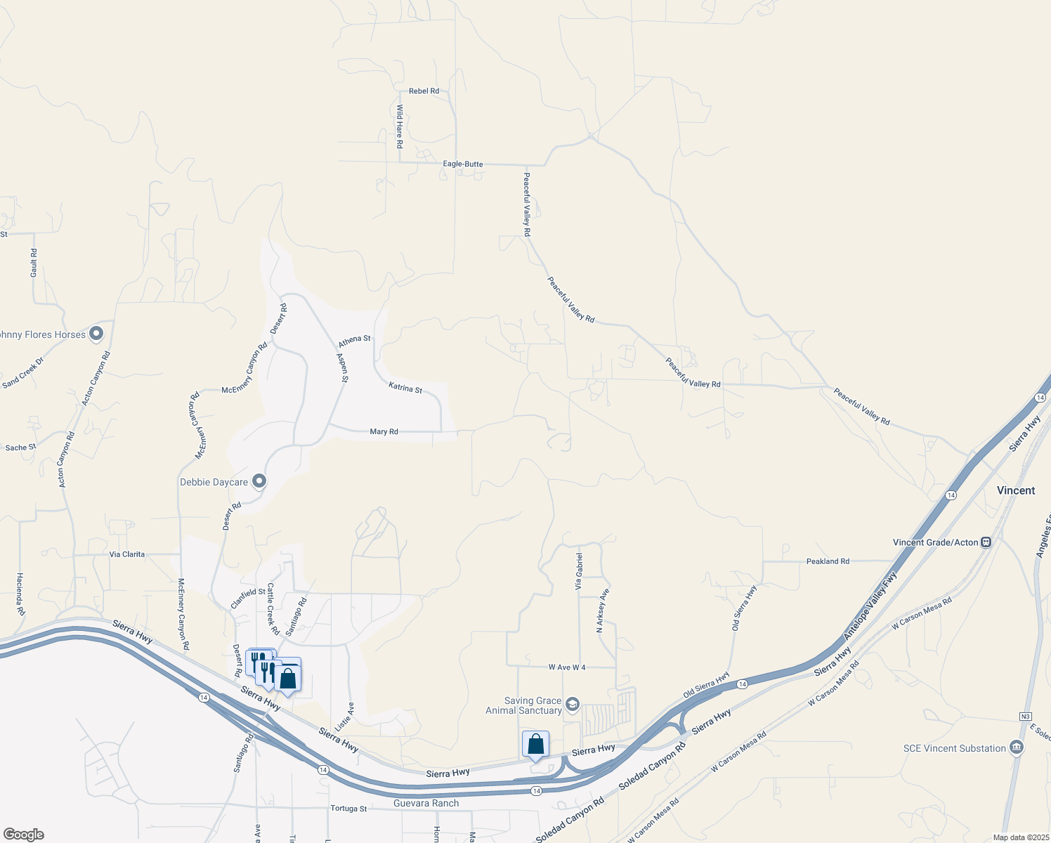 map of restaurants, bars, coffee shops, grocery stores, and more near Mary Road in Los Angeles County