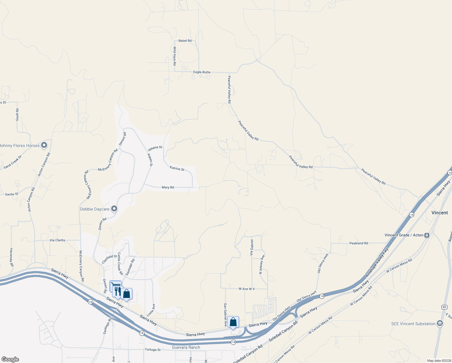 map of restaurants, bars, coffee shops, grocery stores, and more near 34305 Simla Street in Acton