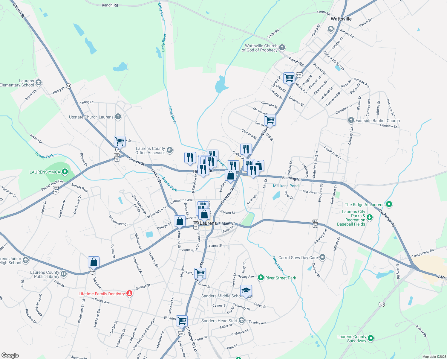 map of restaurants, bars, coffee shops, grocery stores, and more near 33 Hunters Court in Laurens