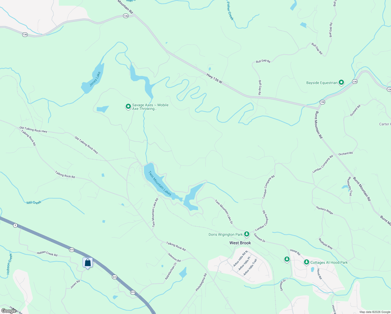 map of restaurants, bars, coffee shops, grocery stores, and more near 208 Oakland Drive in Talking Rock