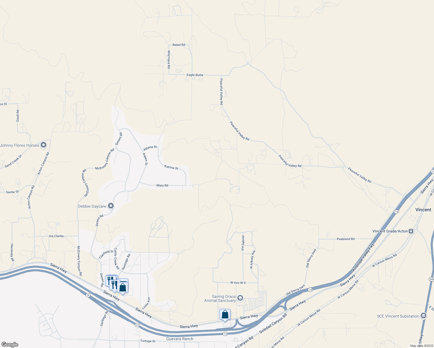 map of restaurants, bars, coffee shops, grocery stores, and more near Mary Road in Los Angeles County