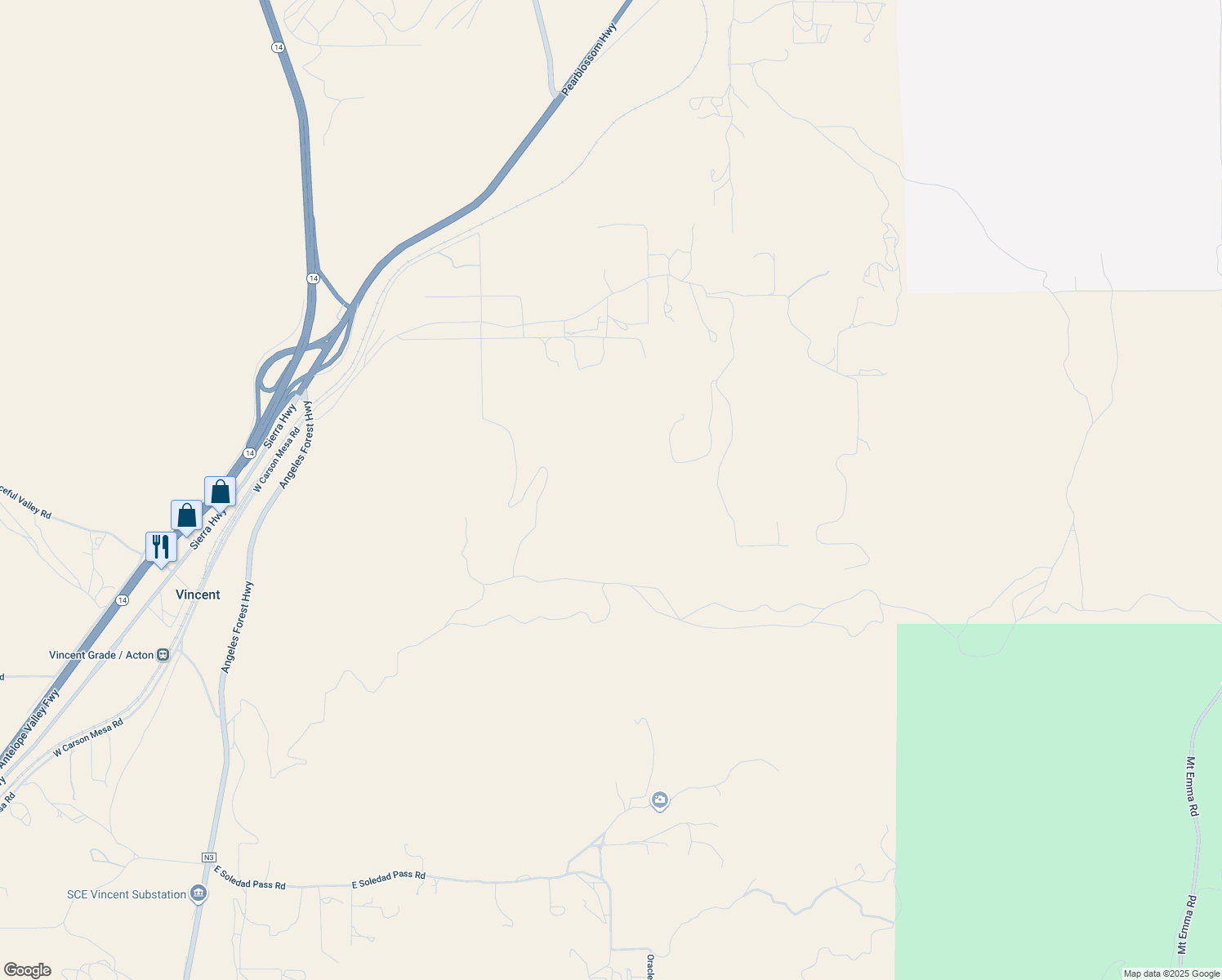 map of restaurants, bars, coffee shops, grocery stores, and more near 2 East Carson Mesa Road in Palmdale
