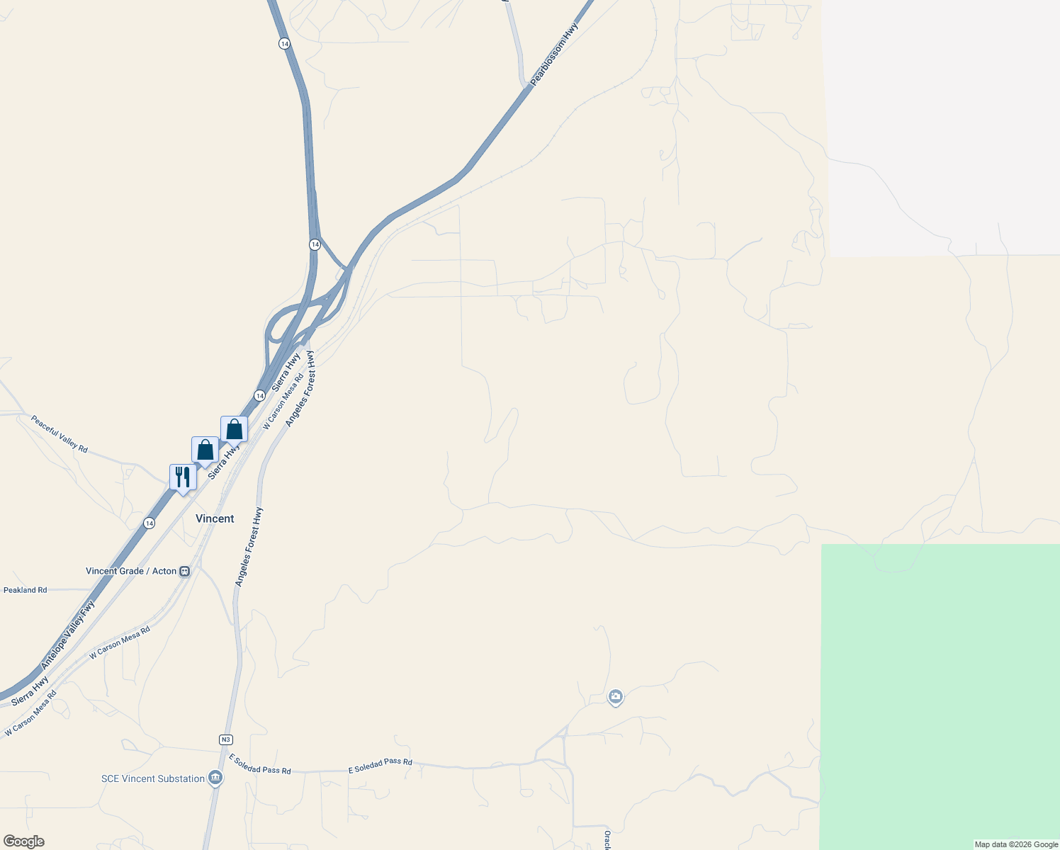 map of restaurants, bars, coffee shops, grocery stores, and more near 34559 North Rough Road in Palmdale