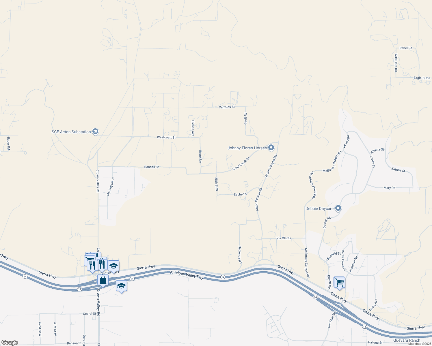map of restaurants, bars, coffee shops, grocery stores, and more near 28th Street West in Acton