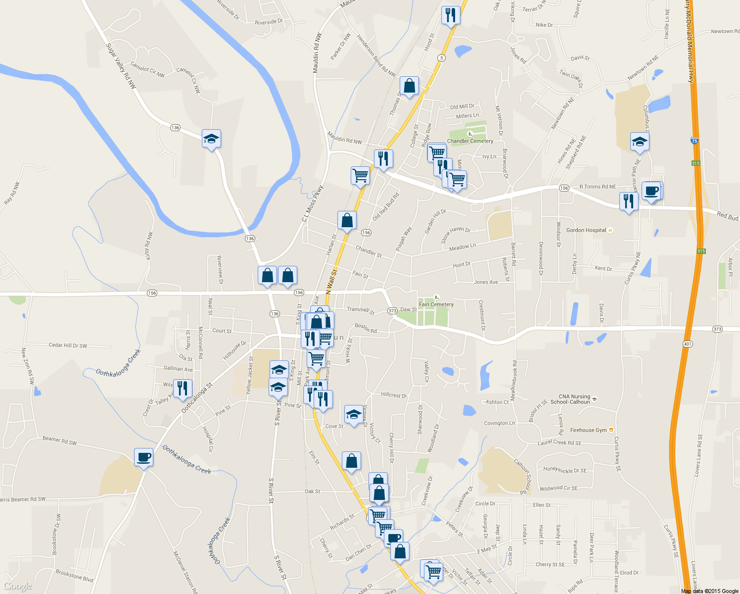 map of restaurants, bars, coffee shops, grocery stores, and more near 309 East Line Street in Calhoun
