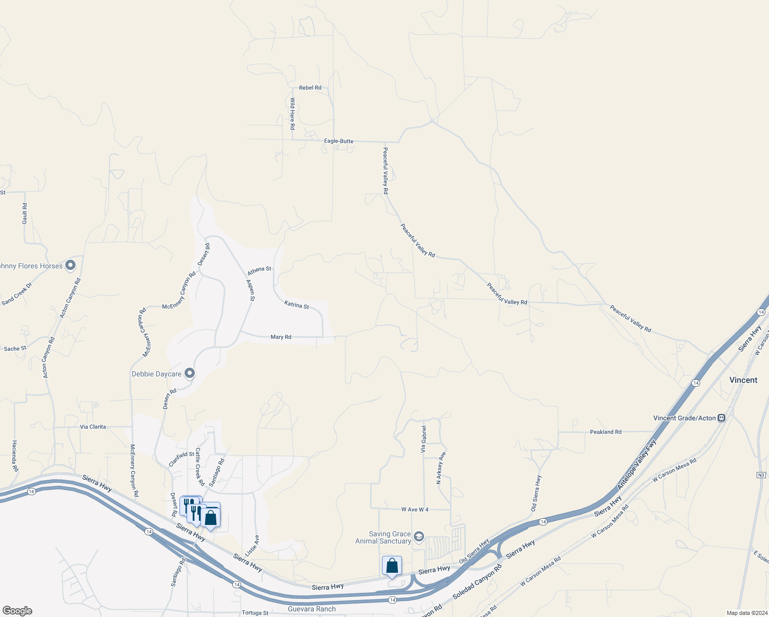 map of restaurants, bars, coffee shops, grocery stores, and more near Mary Road in Los Angeles County