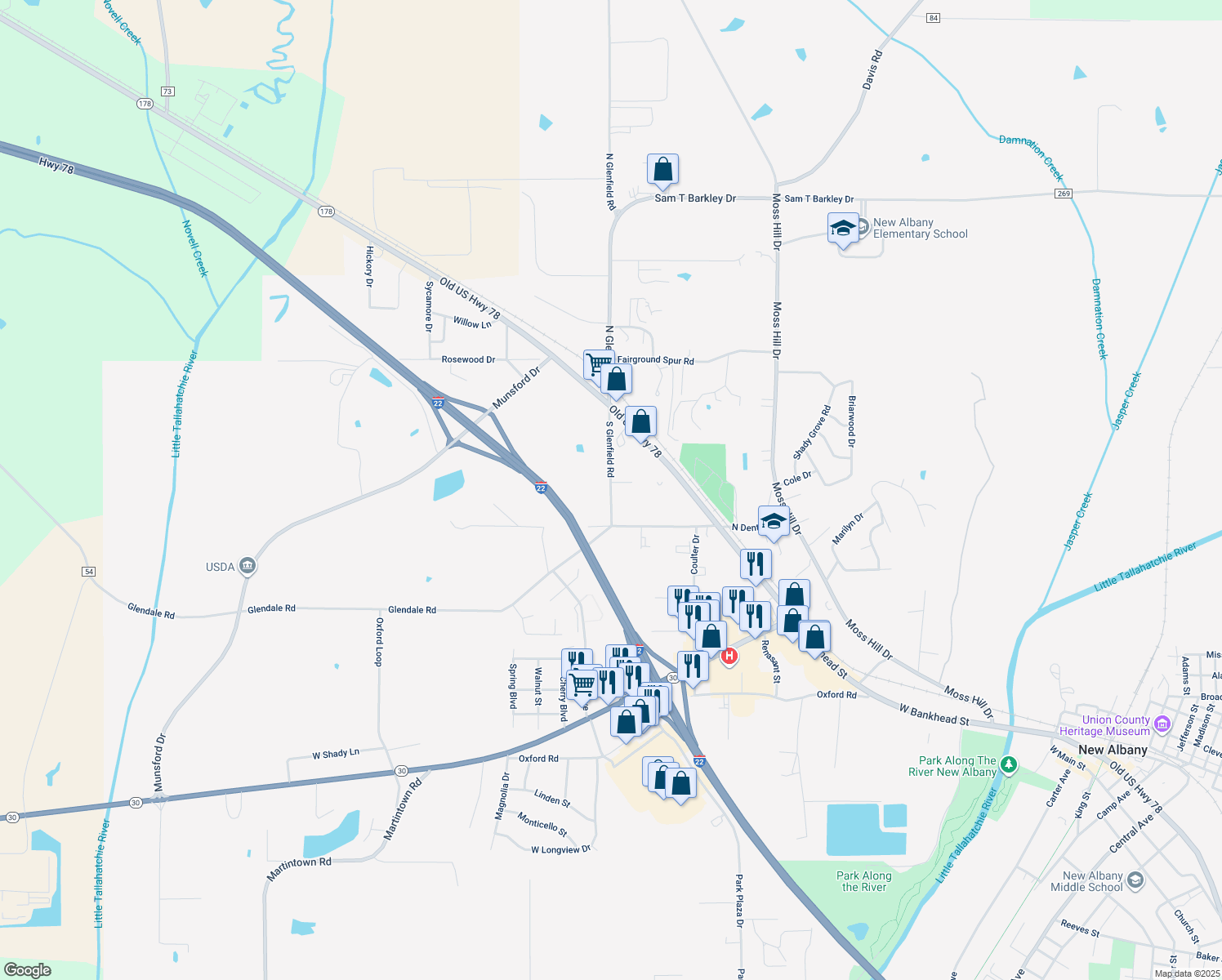 map of restaurants, bars, coffee shops, grocery stores, and more near 202 South Glenfield Road in New Albany