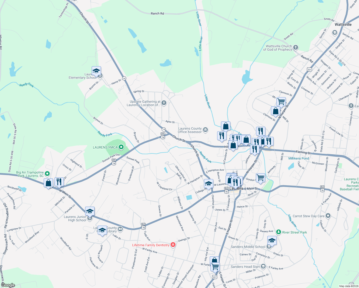 map of restaurants, bars, coffee shops, grocery stores, and more near 509 Church St in Laurens