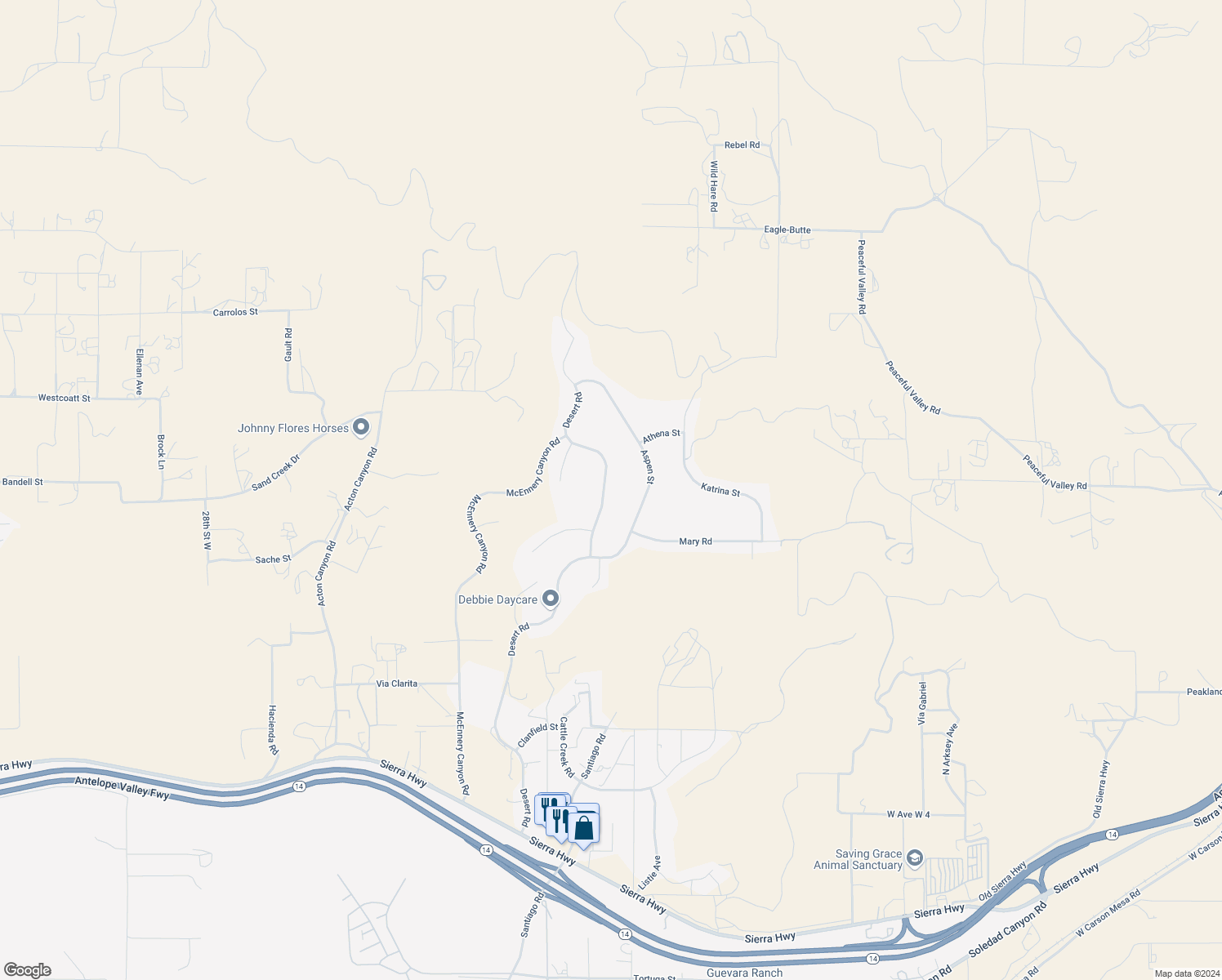 map of restaurants, bars, coffee shops, grocery stores, and more near 34412 Desert Road in Acton