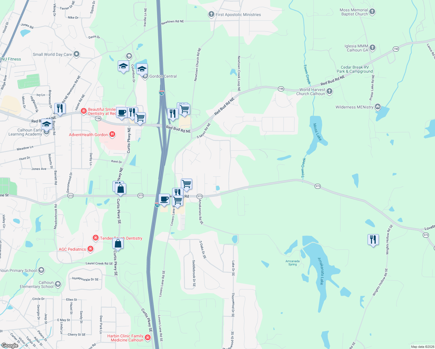 map of restaurants, bars, coffee shops, grocery stores, and more near 116 Summerfield Lane Northeast in Calhoun