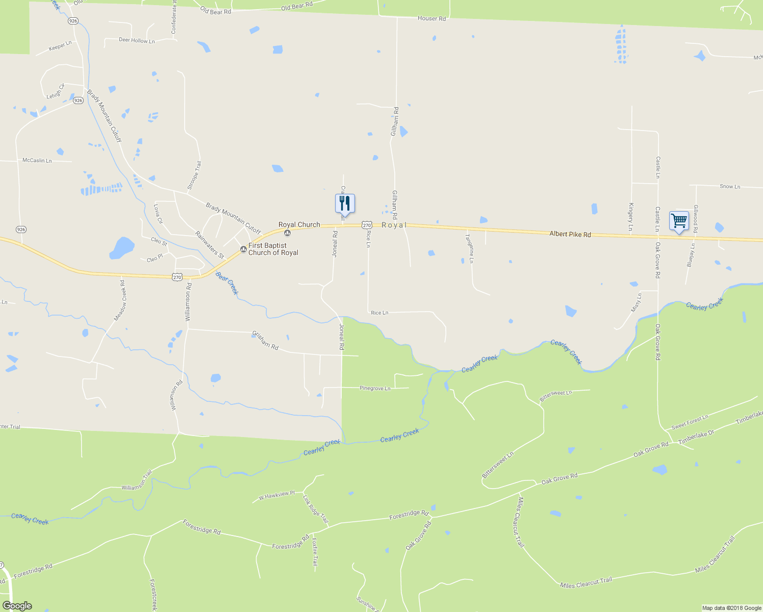 map of restaurants, bars, coffee shops, grocery stores, and more near 243 Rice Lane in Royal
