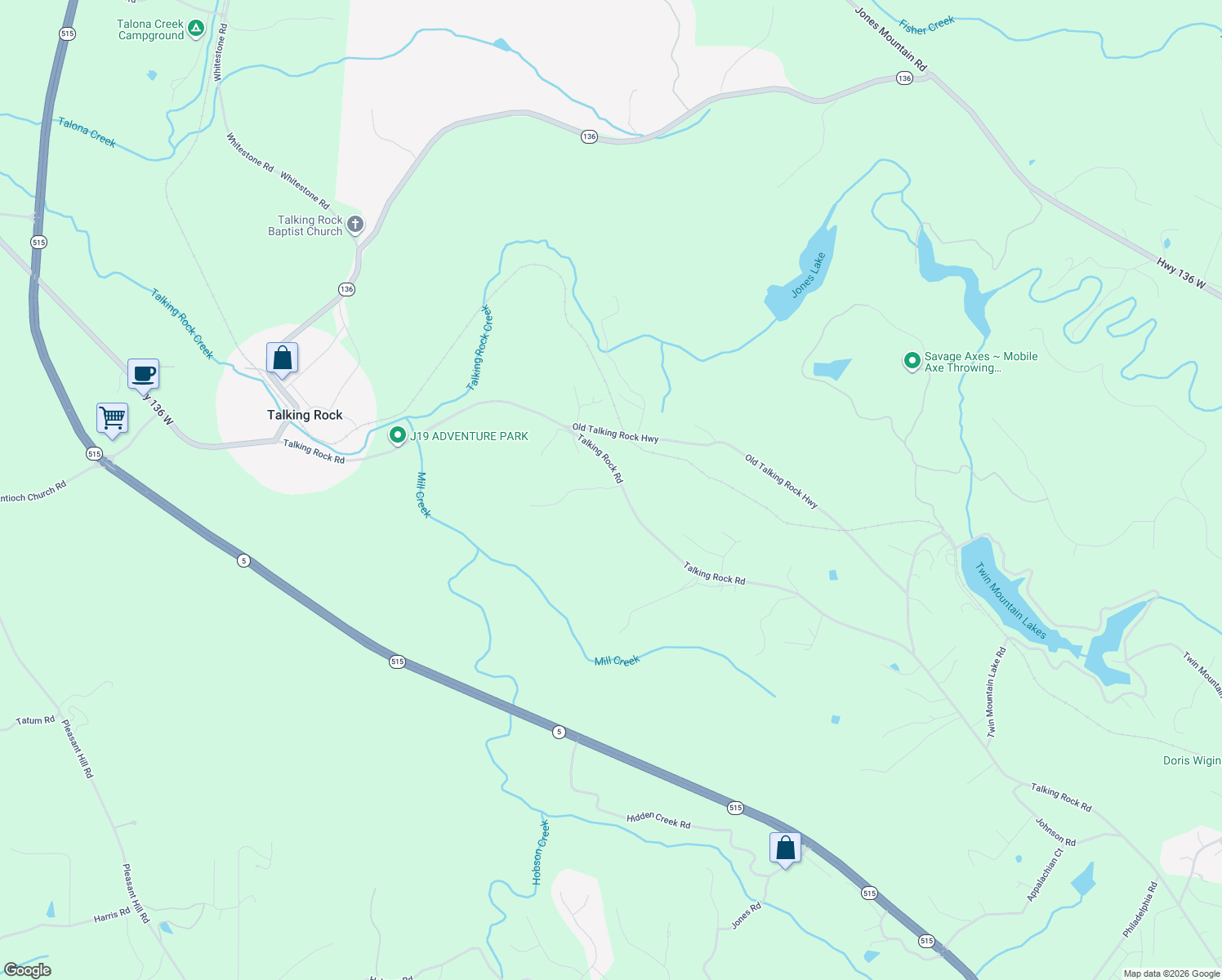 map of restaurants, bars, coffee shops, grocery stores, and more near 43 Nichols Trail in Talking Rock