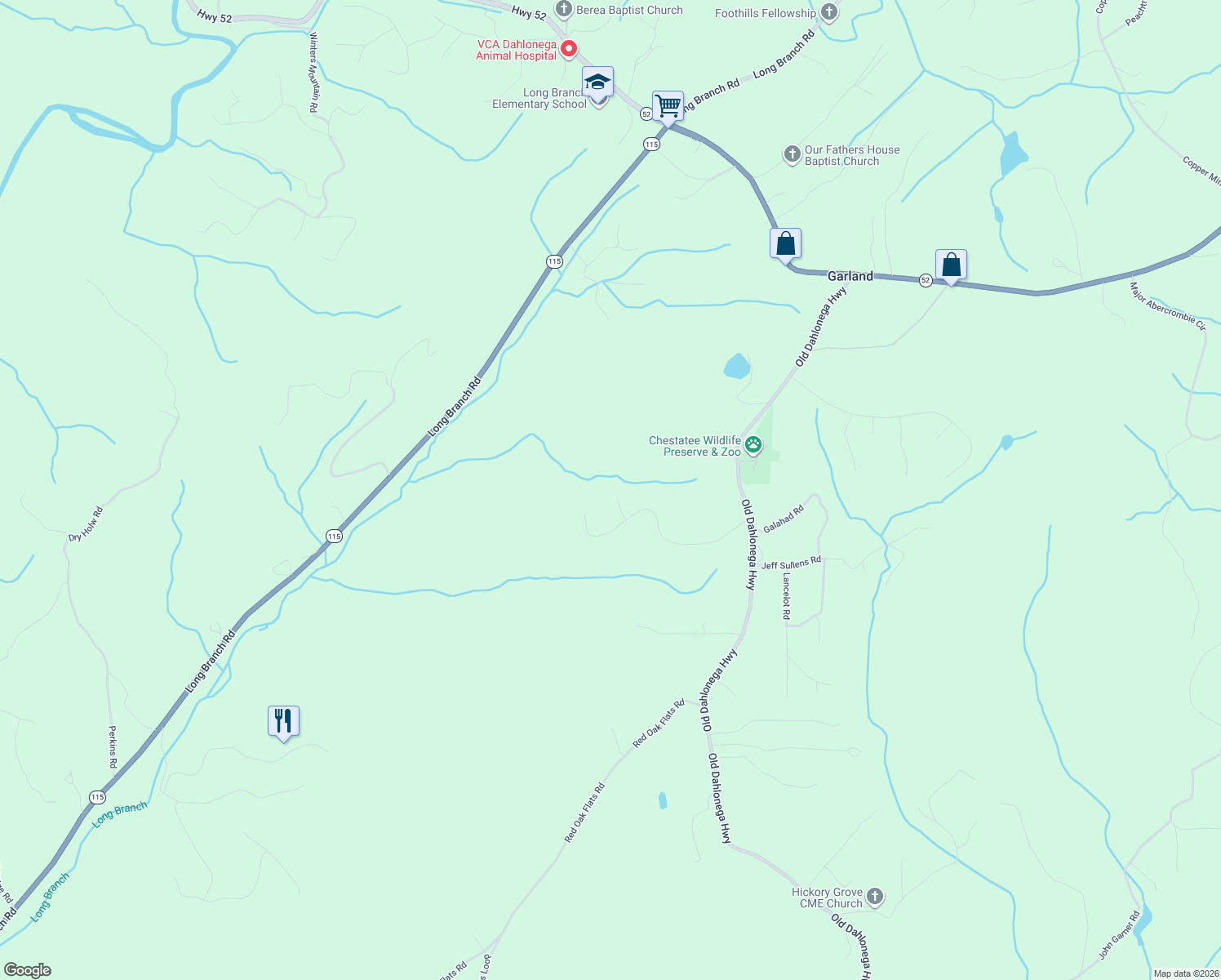 map of restaurants, bars, coffee shops, grocery stores, and more near 70 Shenandoah Dr in Dahlonega