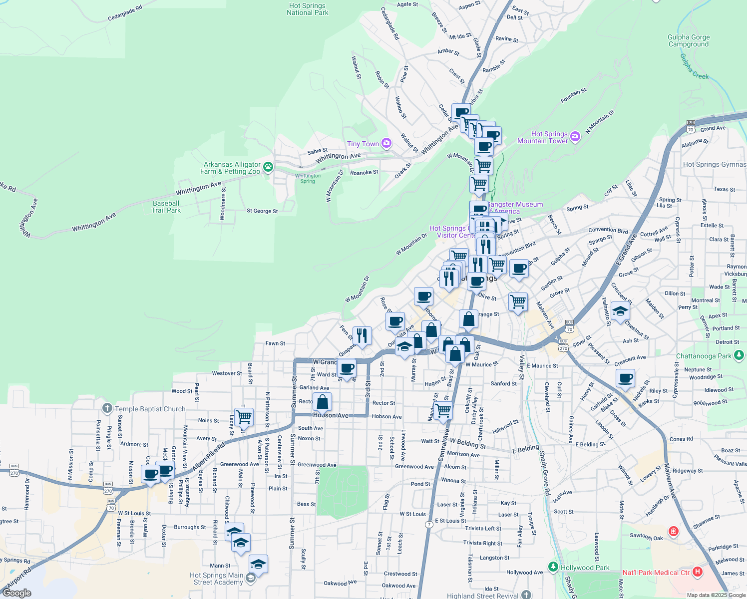 map of restaurants, bars, coffee shops, grocery stores, and more near 634 Prospect Avenue in Hot Springs