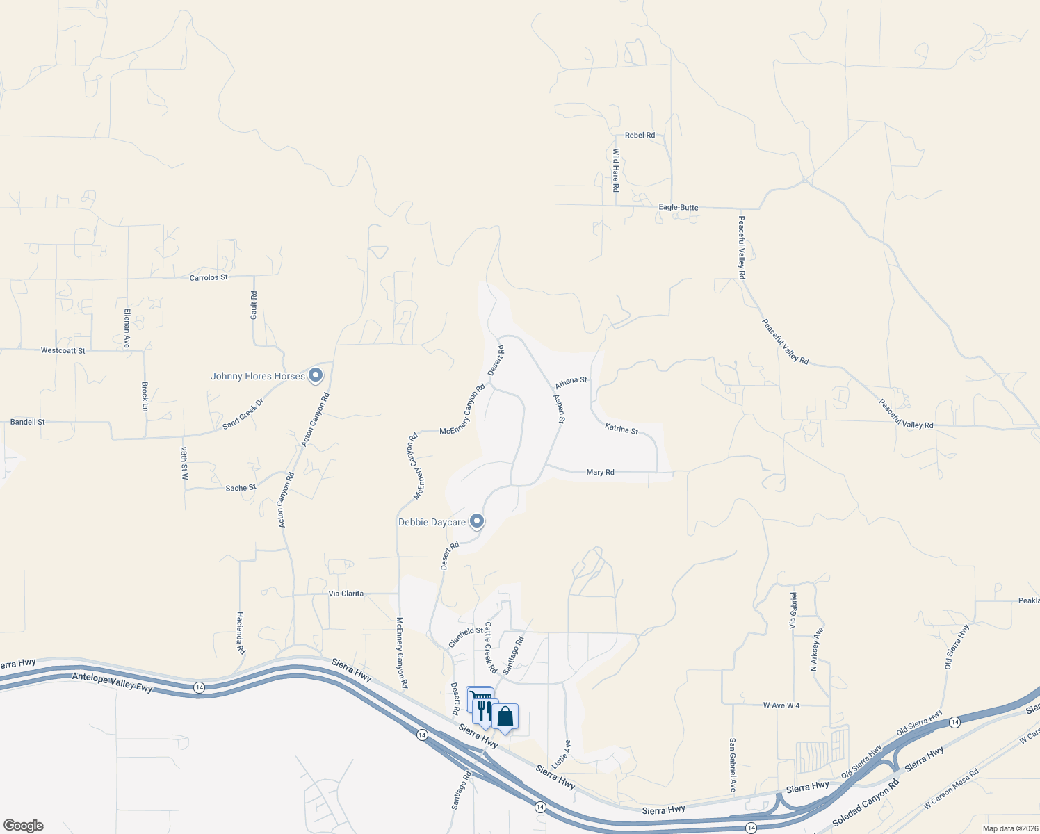 map of restaurants, bars, coffee shops, grocery stores, and more near 34412 Desert Road in Acton