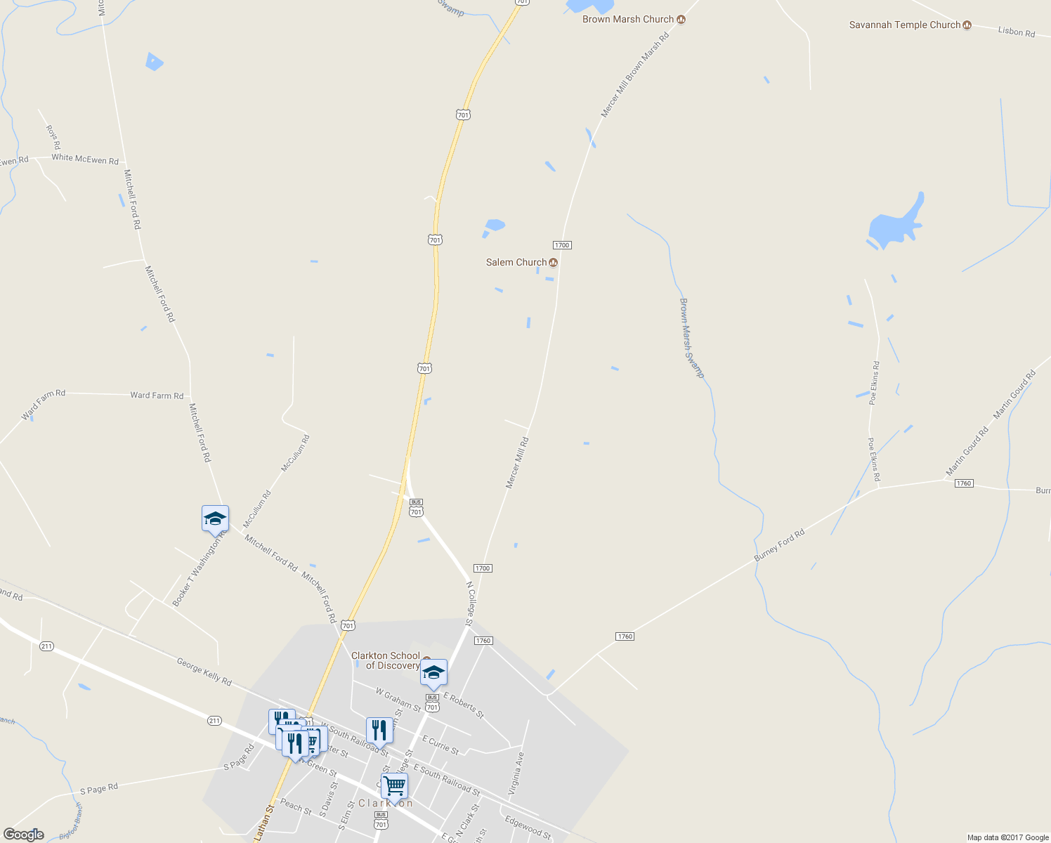 map of restaurants, bars, coffee shops, grocery stores, and more near 10094 Mercer Mill Brown Marsh Road in Clarkton