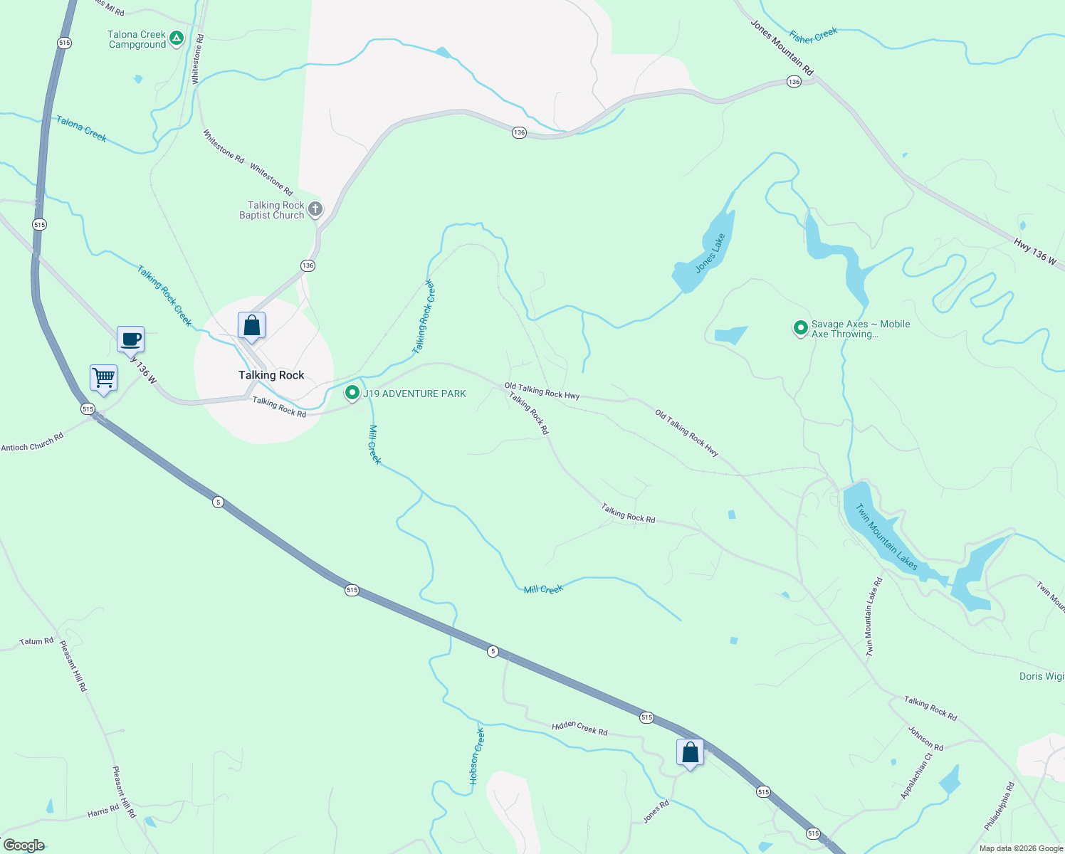 map of restaurants, bars, coffee shops, grocery stores, and more near 43 Nichols Trail in Talking Rock