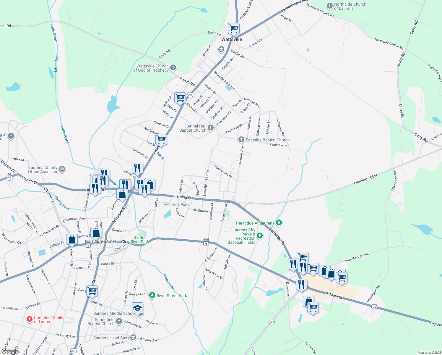 map of restaurants, bars, coffee shops, grocery stores, and more near 206 State Road S-30-212 in Laurens