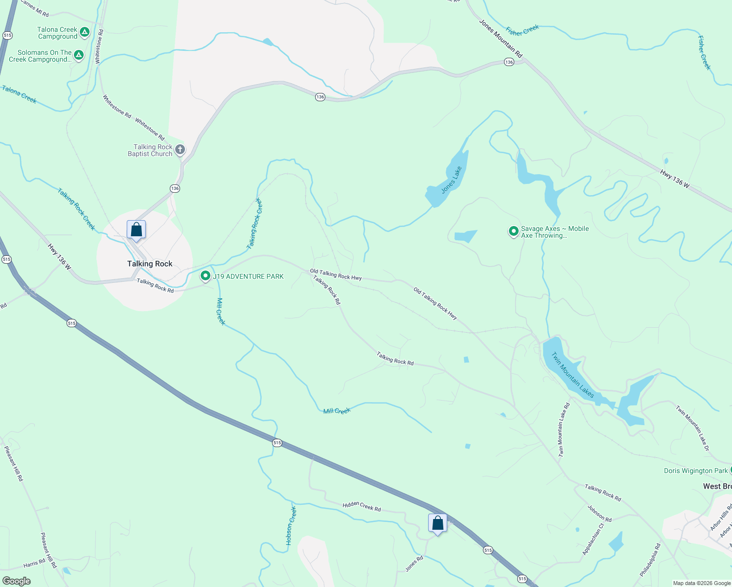 map of restaurants, bars, coffee shops, grocery stores, and more near 1051 Old Talking Rock Highway in Talking Rock