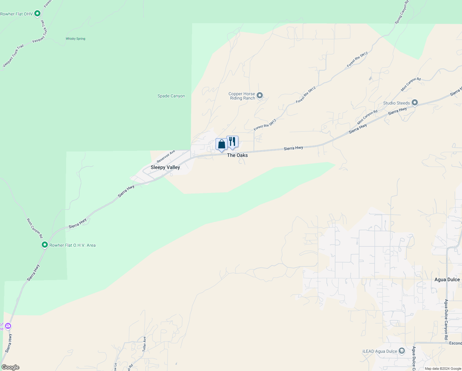 map of restaurants, bars, coffee shops, grocery stores, and more near 12620 Sierra Highway in Agua Dulce