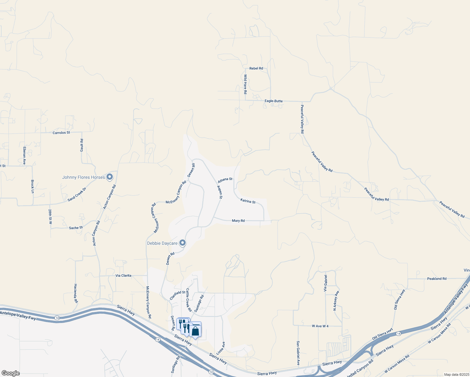 map of restaurants, bars, coffee shops, grocery stores, and more near 34468 Katrina Street in Acton