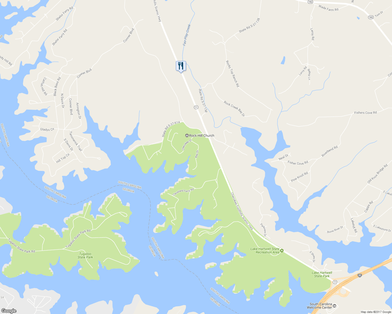 map of restaurants, bars, coffee shops, grocery stores, and more near 130 Bay Drive in Fair Play