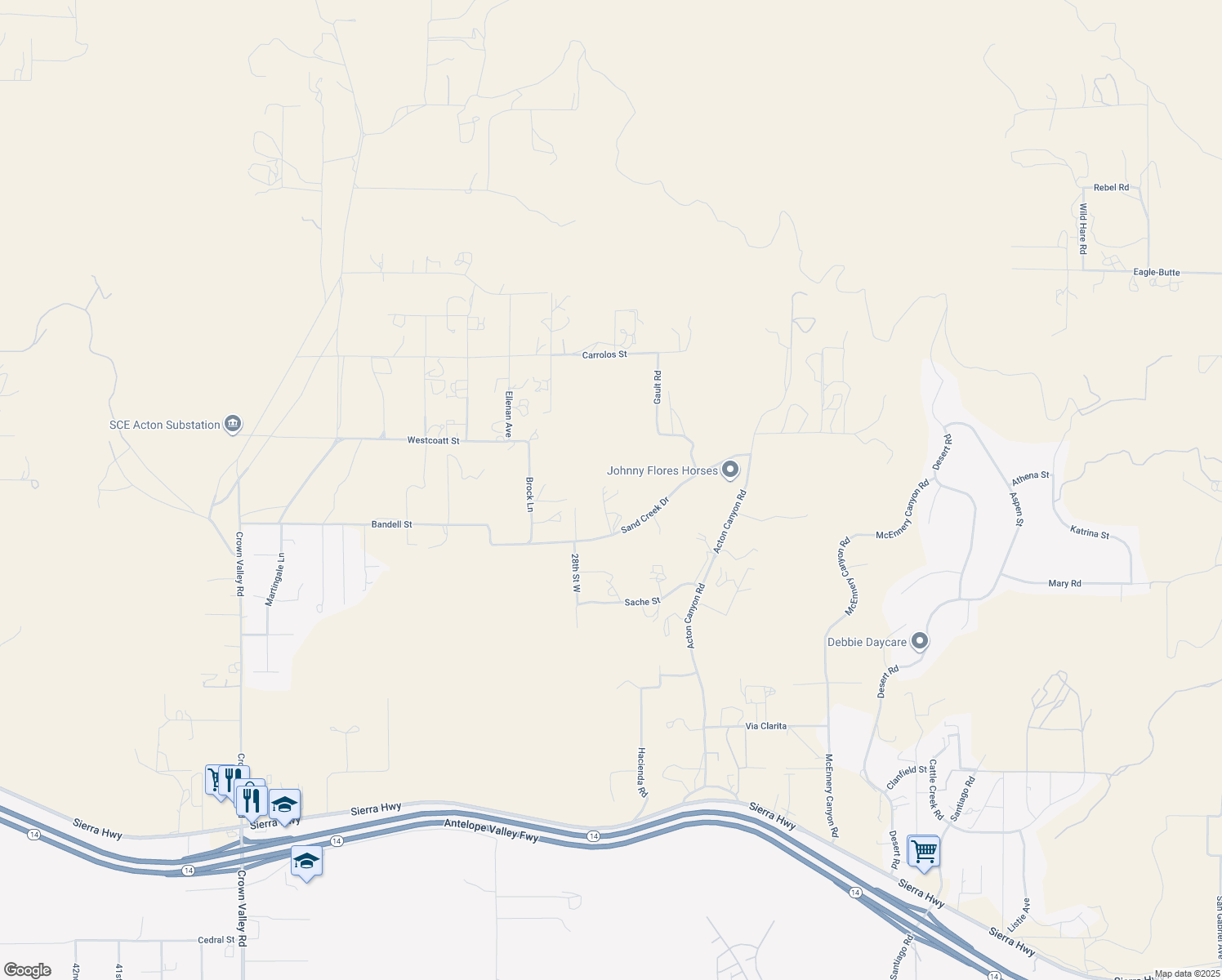 map of restaurants, bars, coffee shops, grocery stores, and more near 2747 Sand Creek Drive in Acton