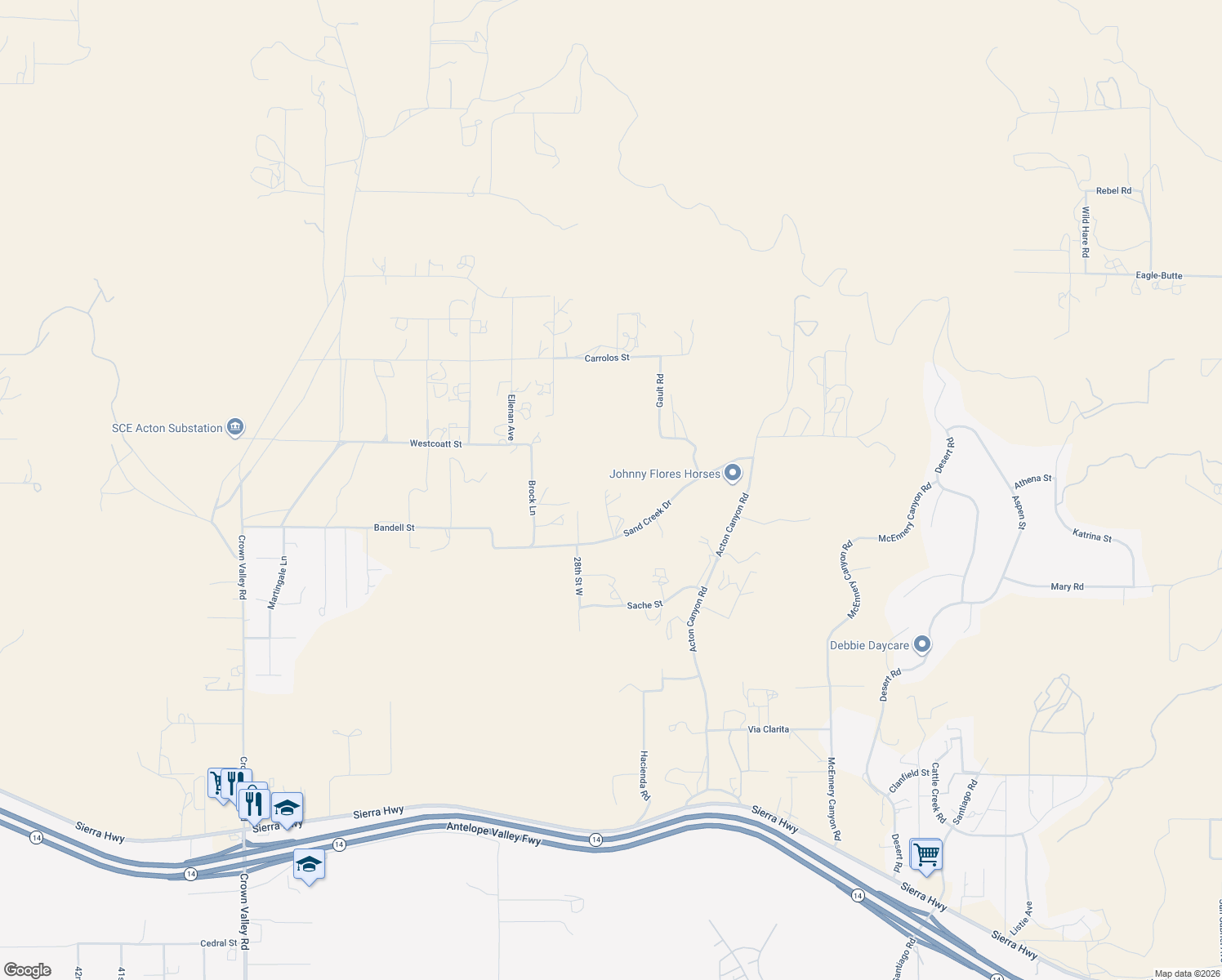 map of restaurants, bars, coffee shops, grocery stores, and more near 2747 Sand Creek Drive in Acton