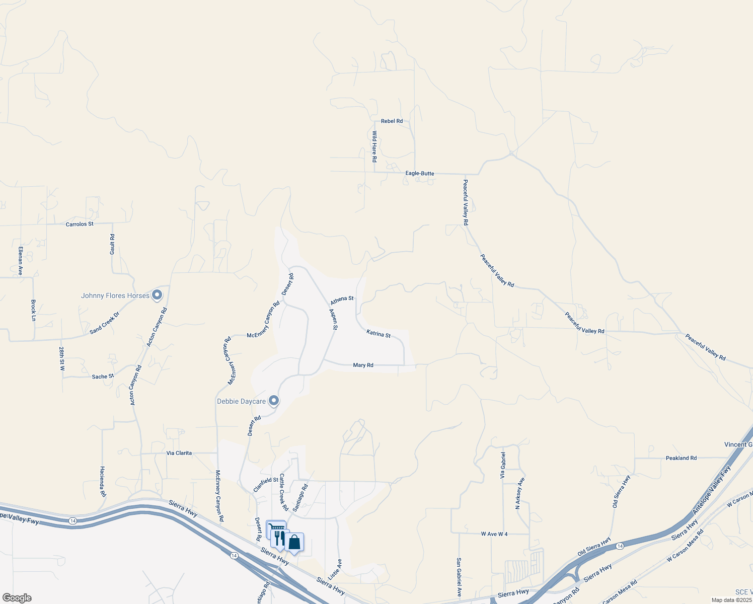 map of restaurants, bars, coffee shops, grocery stores, and more near 34468 Katrina Street in Acton