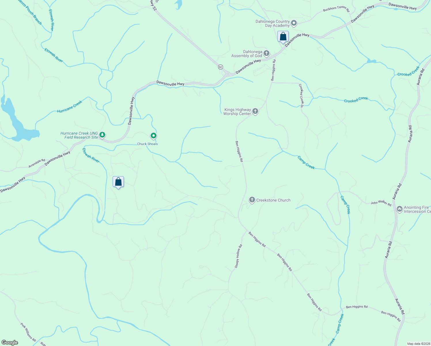 map of restaurants, bars, coffee shops, grocery stores, and more near 369 Royal Oaks Lane in Dahlonega