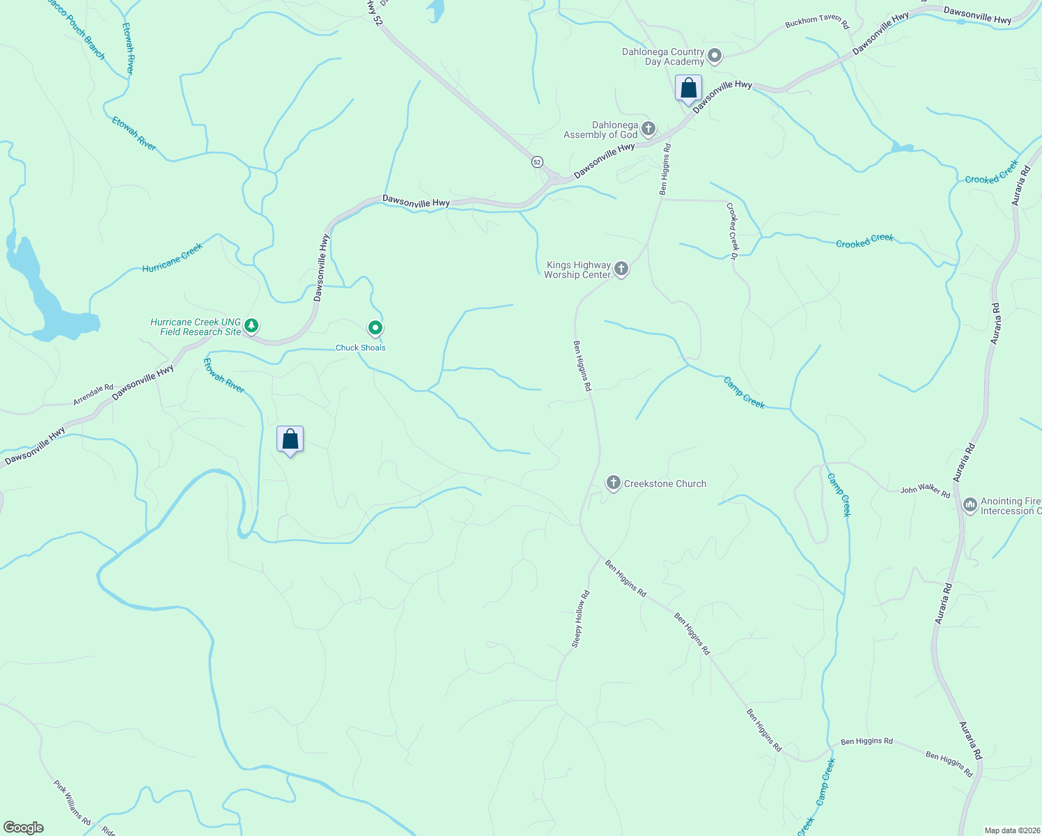 map of restaurants, bars, coffee shops, grocery stores, and more near 369 Royal Oaks Lane in Dahlonega