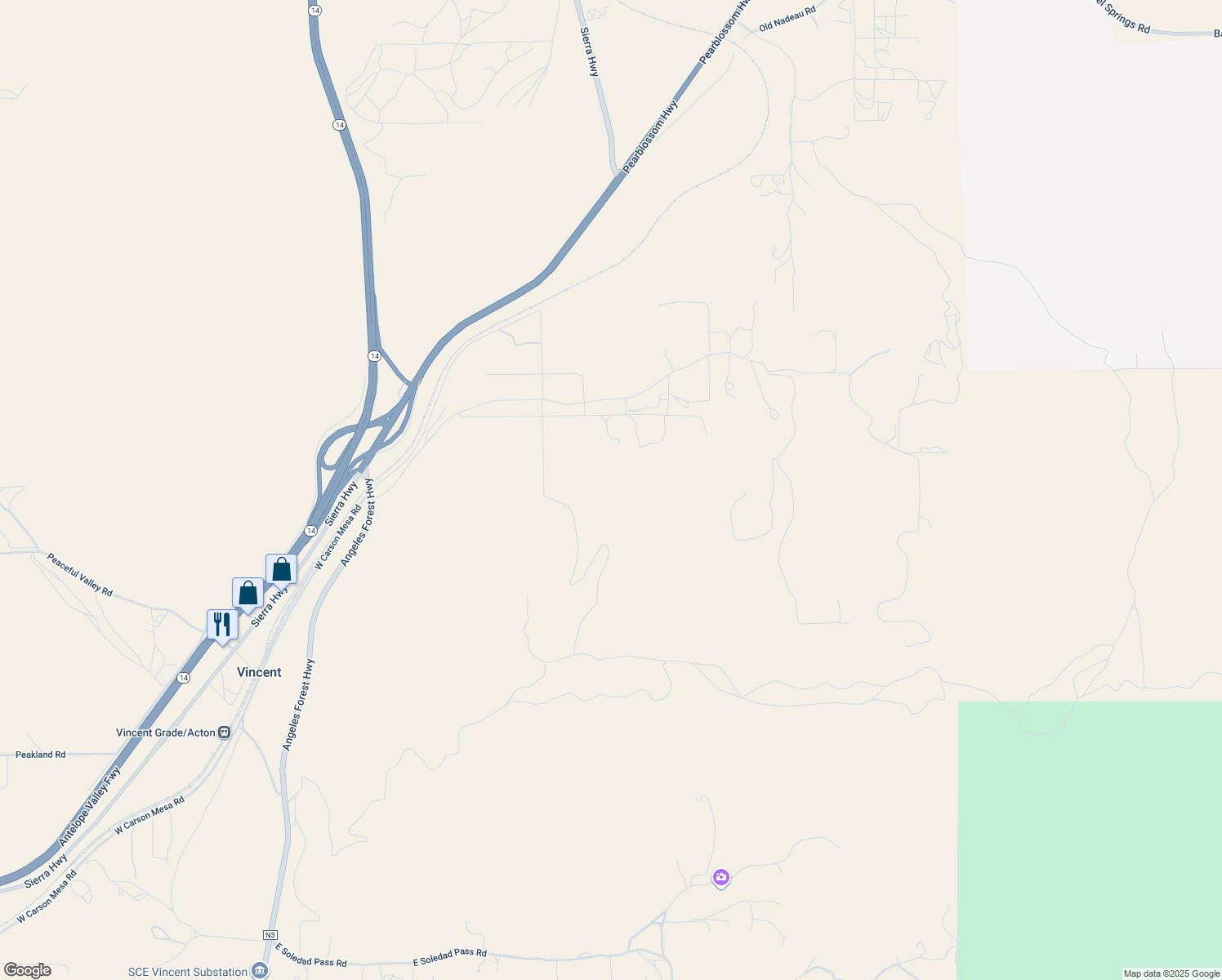 map of restaurants, bars, coffee shops, grocery stores, and more near 2 East Carson Mesa Road in Palmdale